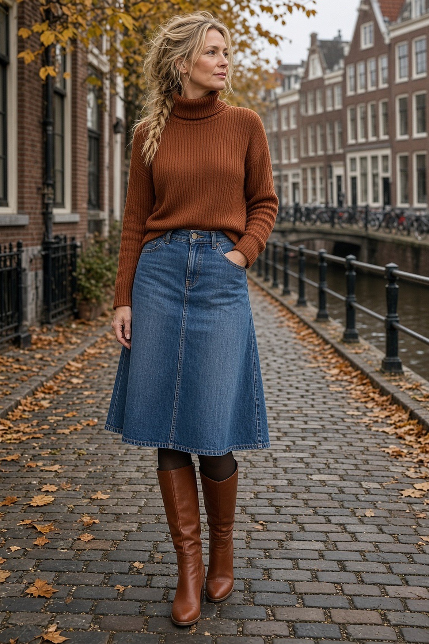 Woman over 40 in a rust turtleneck and denim midi skirt