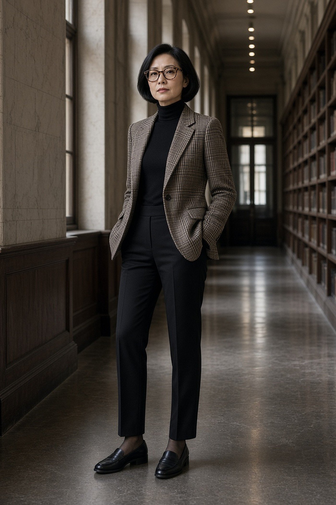 Woman over 40 in a plaid blazer over a black turtleneck