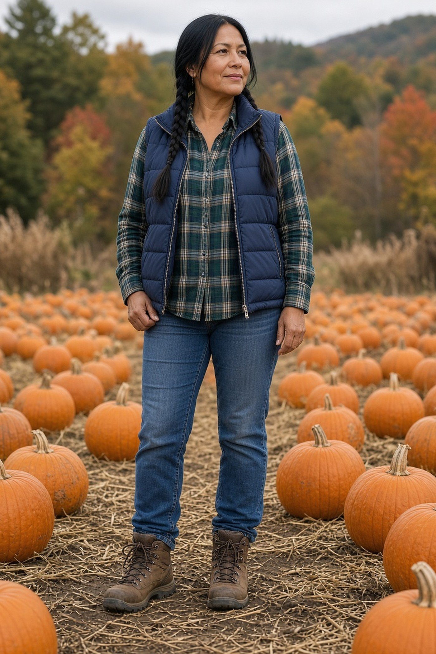 Woman over 40 in a navy puffer vest over a plaid flannel shirt
