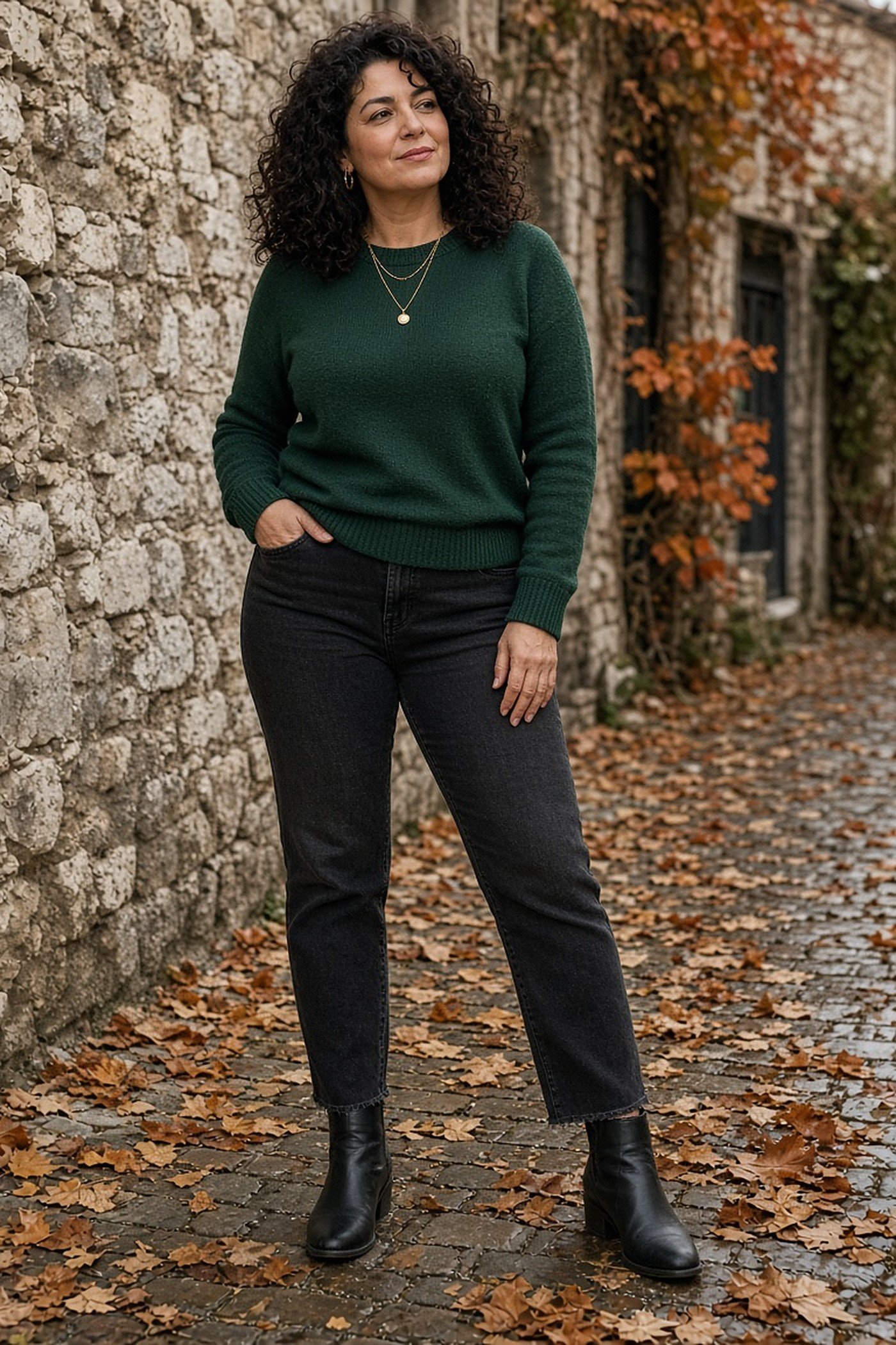 Woman over 40 in a forest green sweater and black jeans