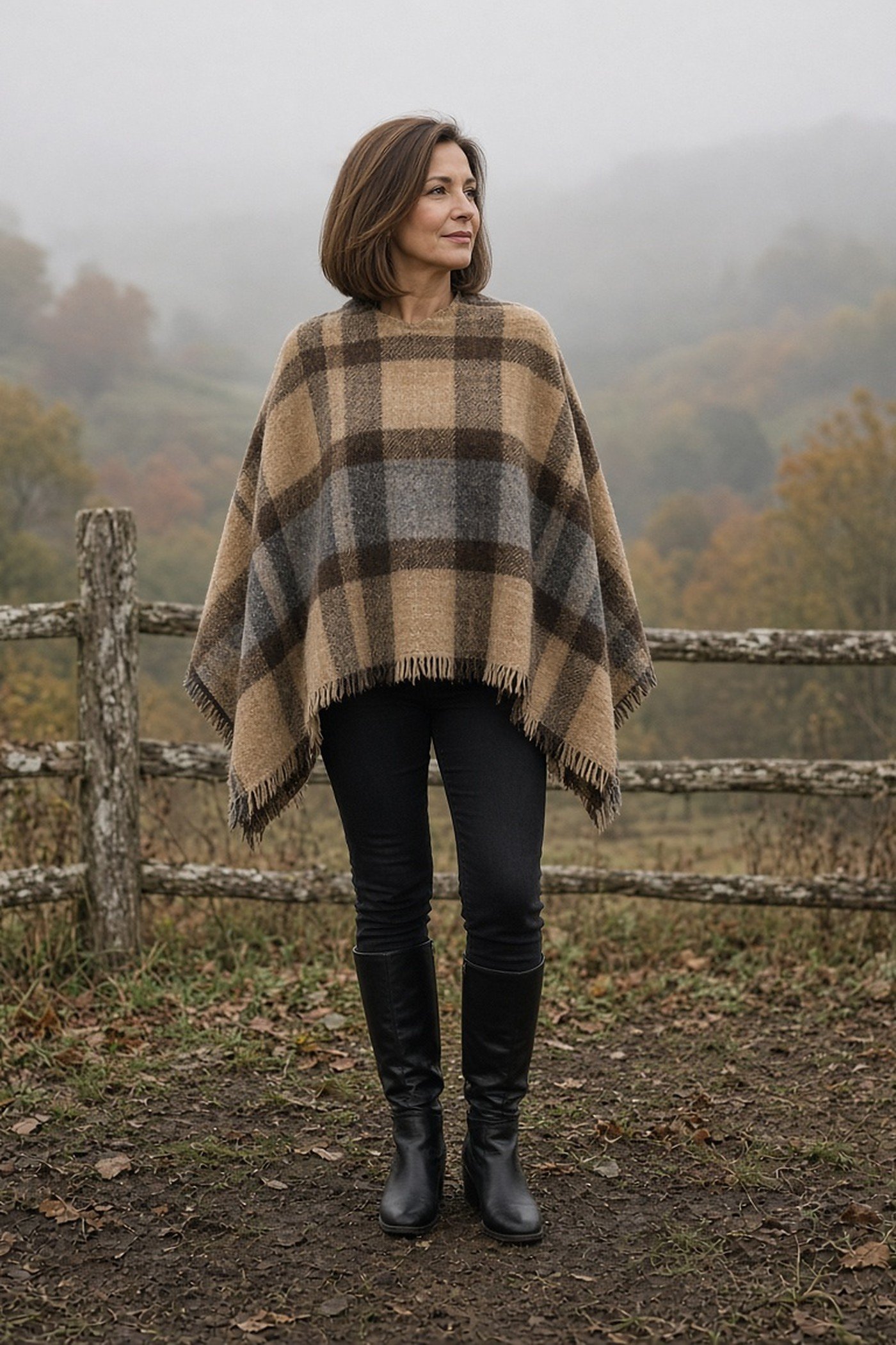 Woman over 40 in a plaid poncho over slim black jeans