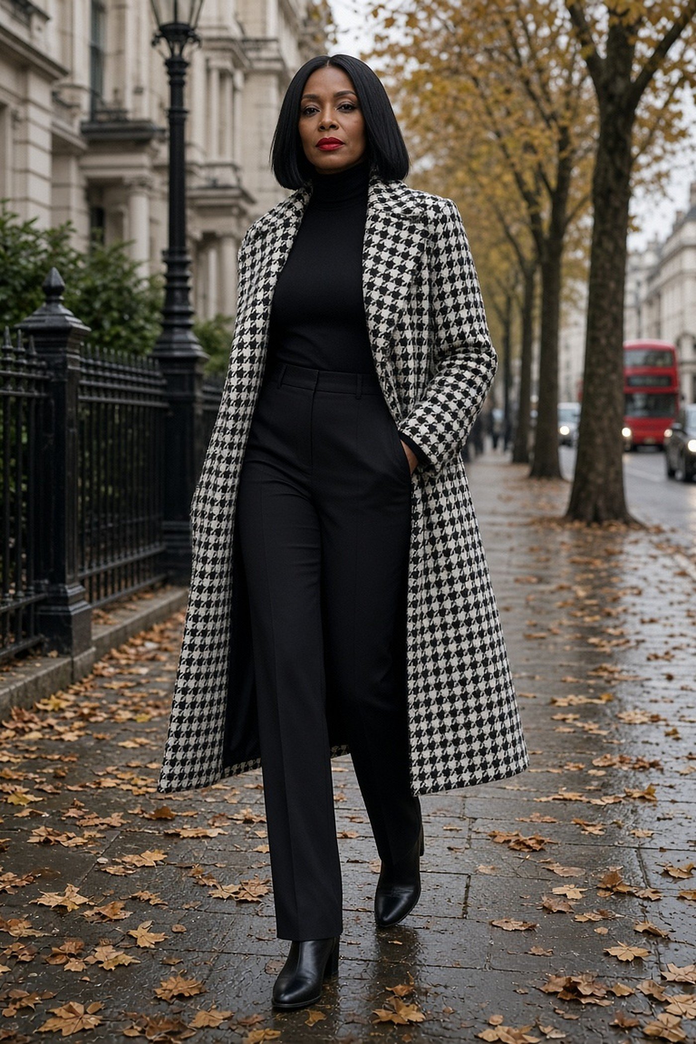 Woman over 40 in a houndstooth coat over all black