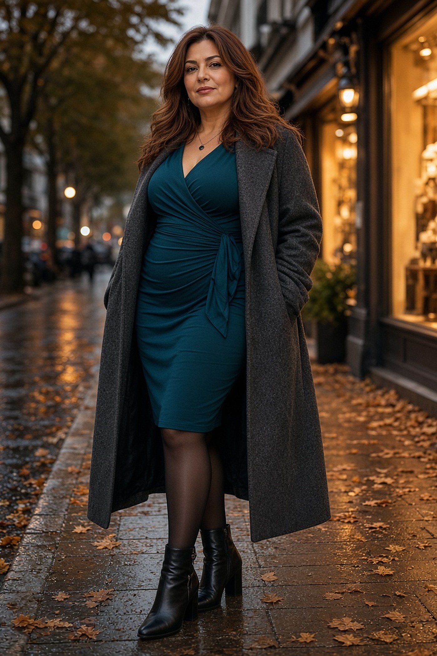 Woman over 40 in a teal wrap dress and long charcoal coat