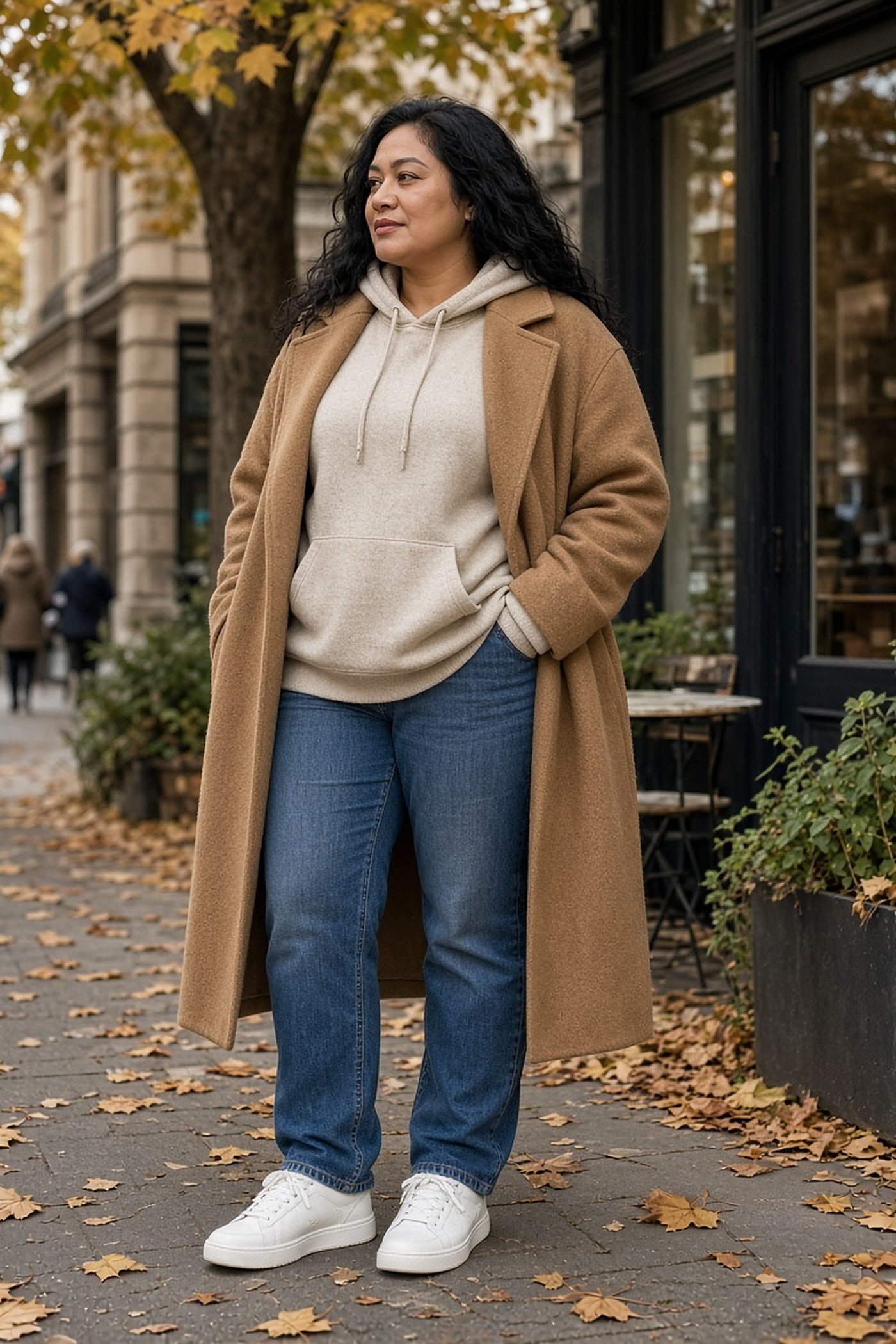 Woman over 40 in a cashmere hoodie under a camel coat