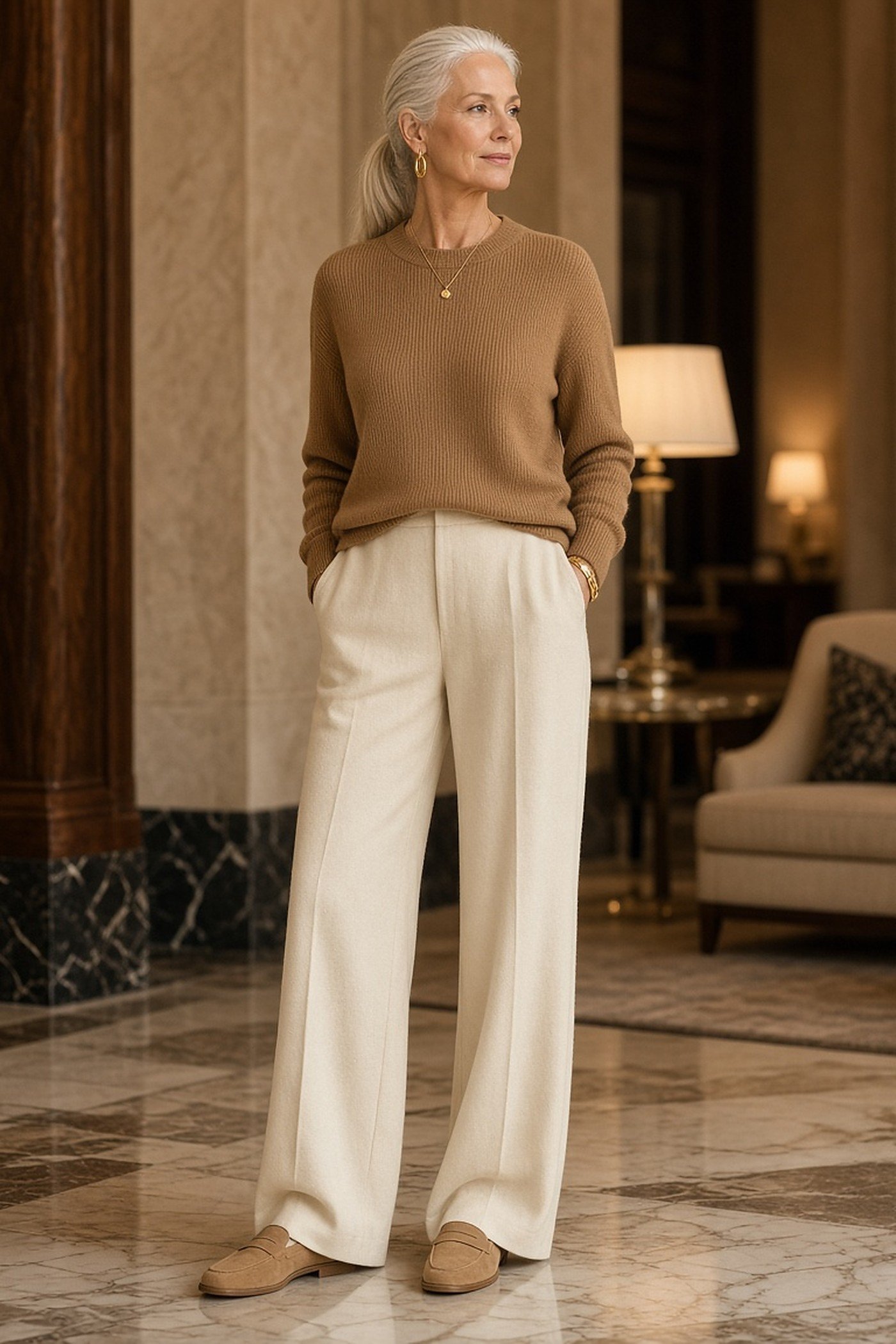 Woman over 40 in cream wide-leg trousers and a camel knit