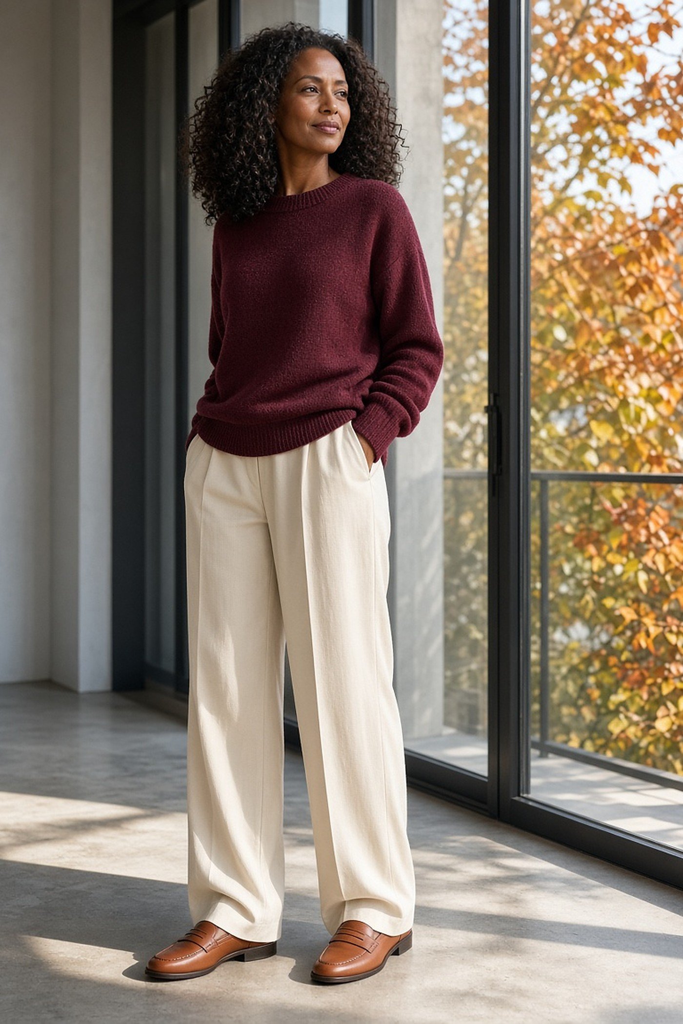 Woman over 40 in a burgundy sweater and cream wide-leg trousers