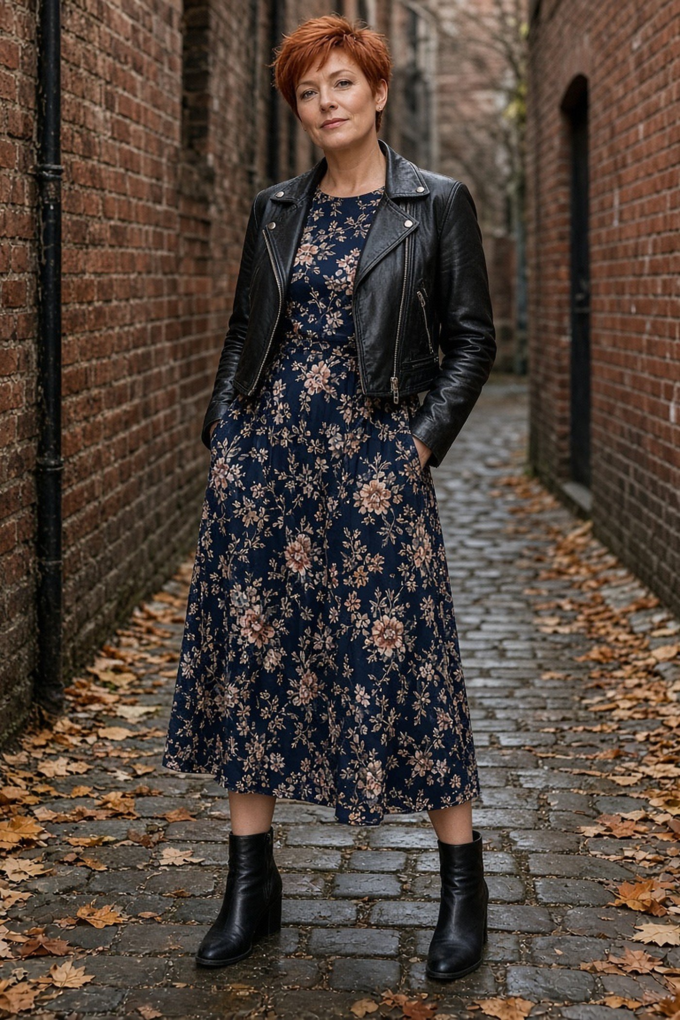 Woman over 40 in a leather jacket over a floral midi dress