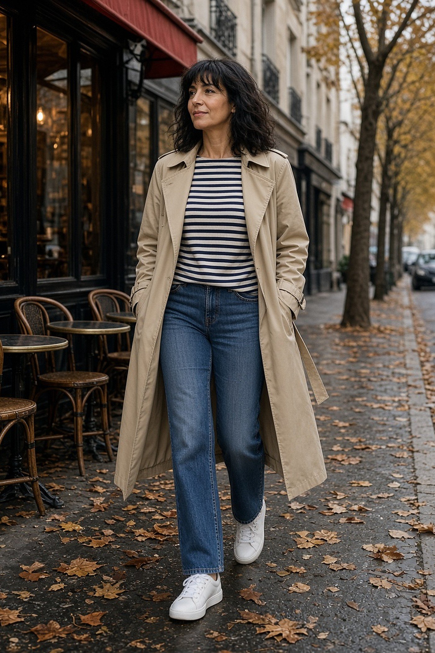Woman over 40 in a trench coat with a Breton striped top