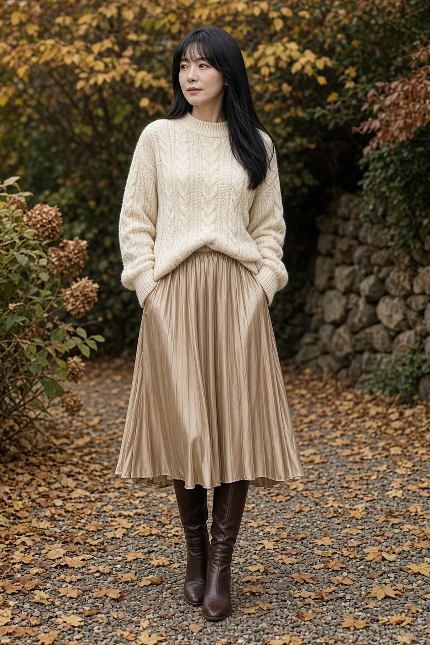 Woman over 40 in a cable knit sweater and satin pleated skirt