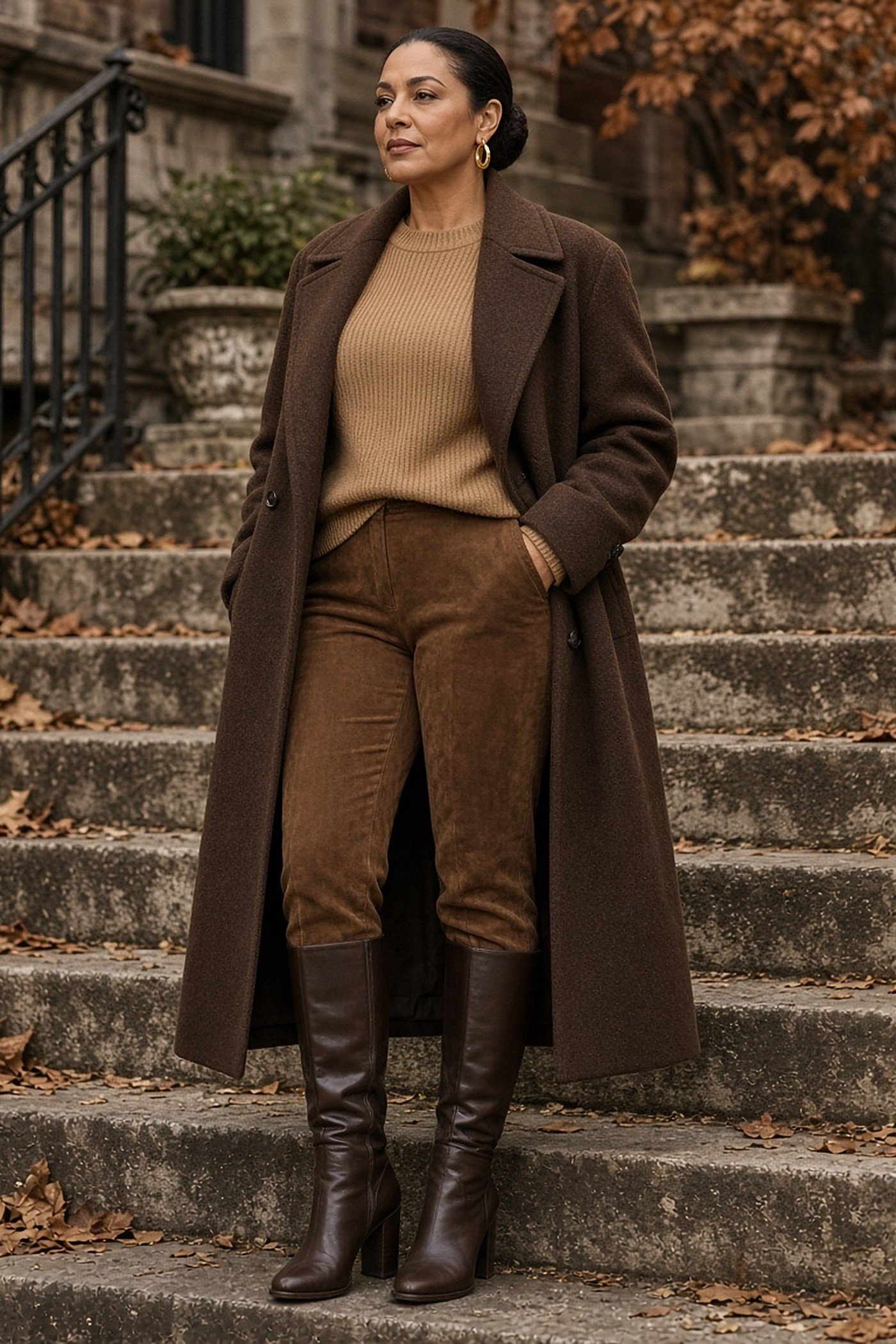 Woman over 40 in a tonal brown coat, knit and trousers