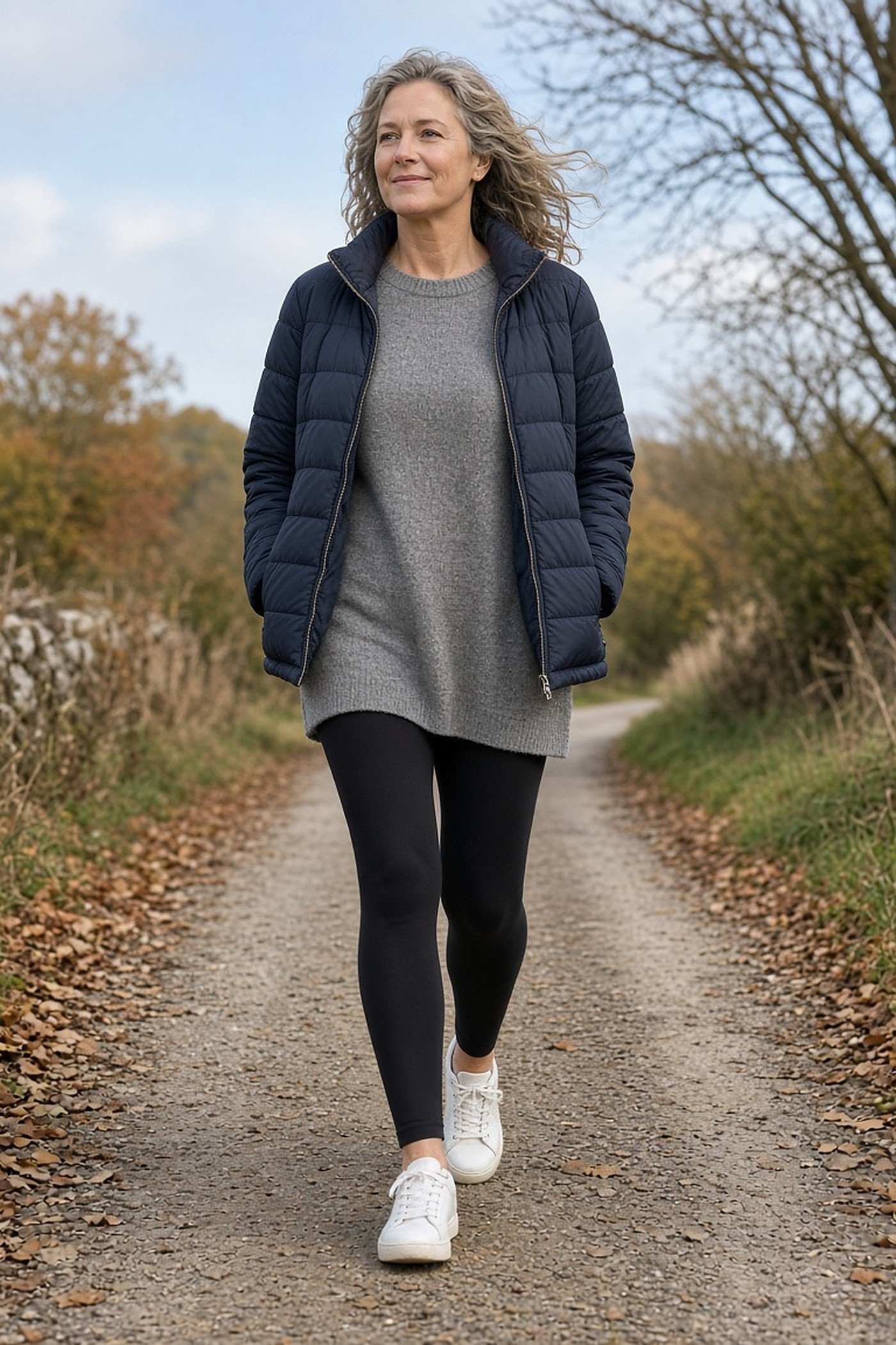 Woman over 40 in a navy quilted jacket, knit tunic and leggings