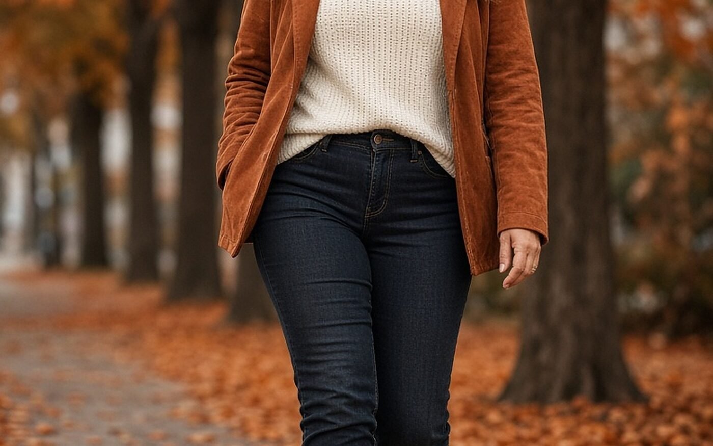 Woman over 40 in a rust suede jacket, cream knit and dark jeans on an autumn street