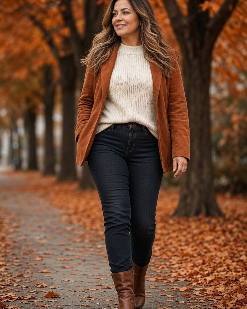 Woman over 40 in a rust suede jacket, cream knit and dark jeans on an autumn street