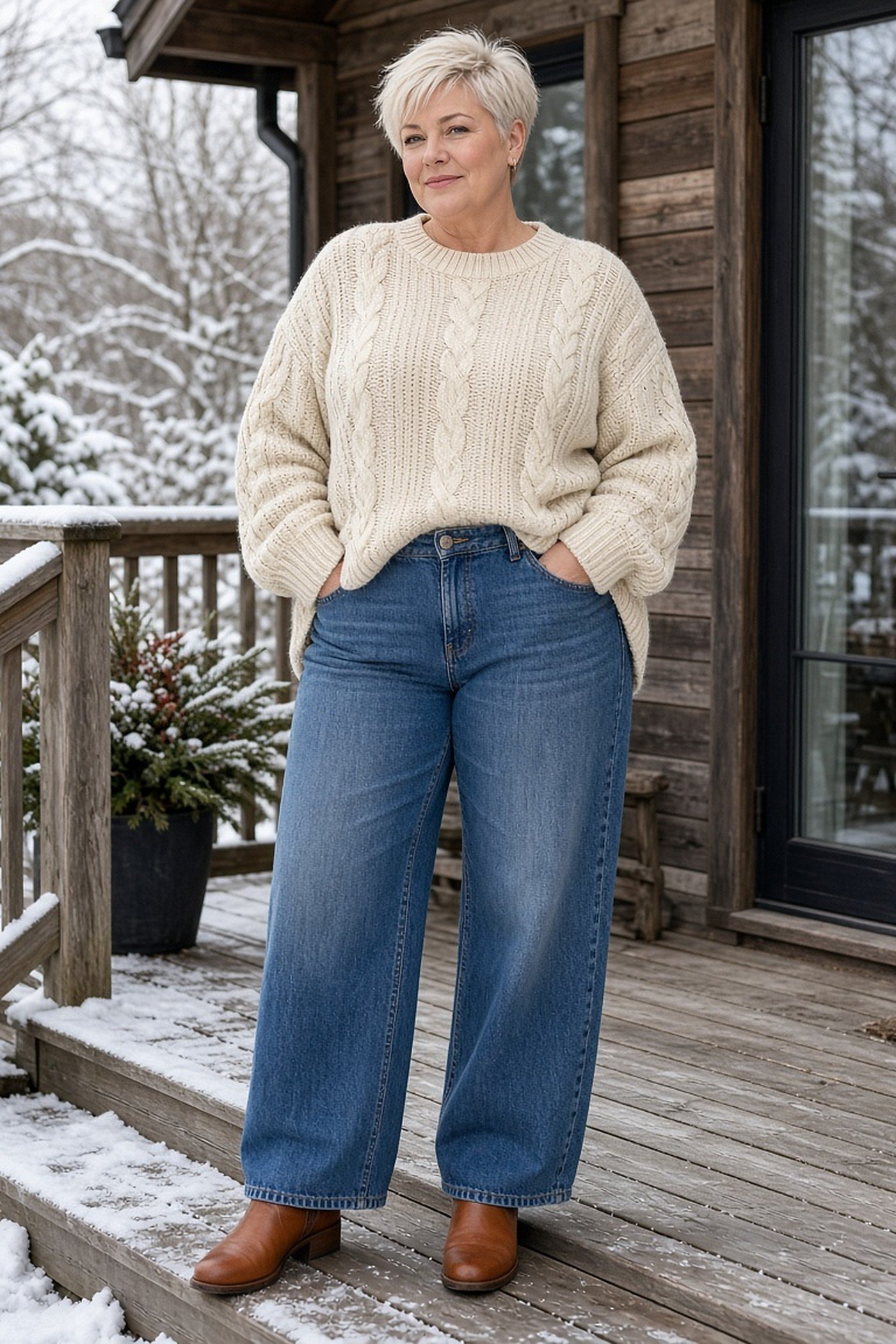 Plus-size woman in a chunky cream sweater half-tucked into wide-leg jeans