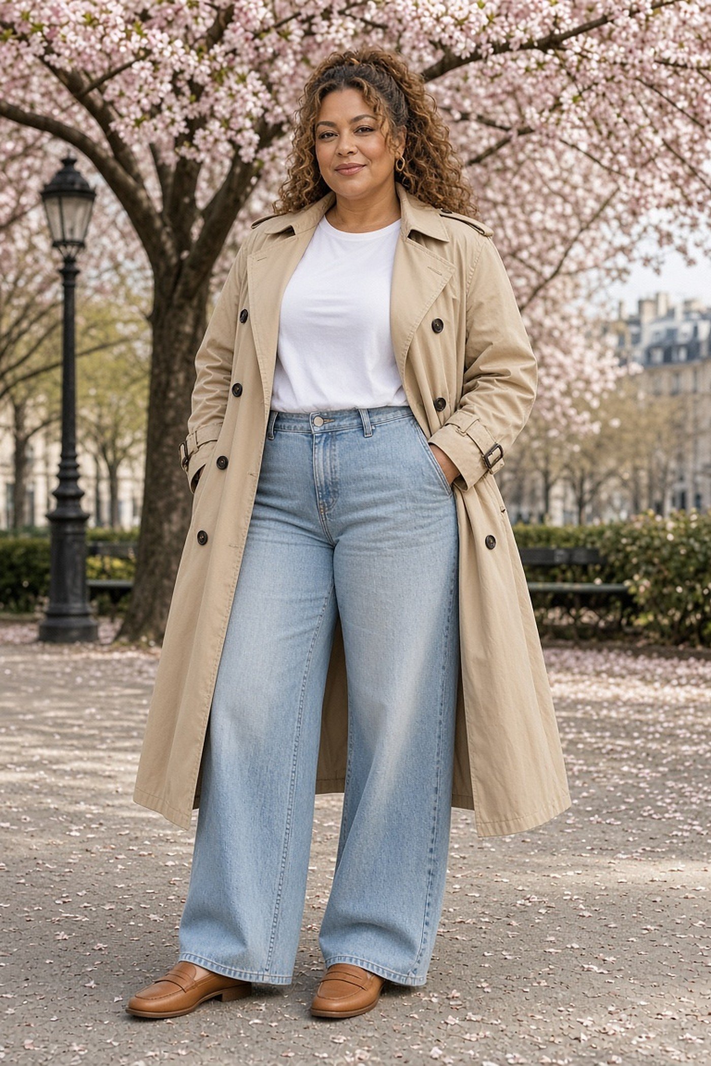 Curvy woman in an open trench coat over wide-leg jeans