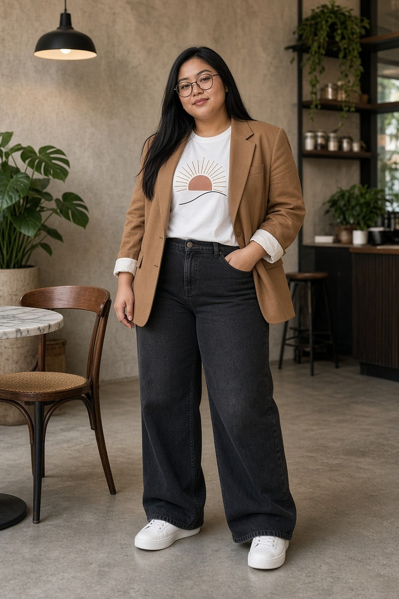 Plus-size woman in a graphic tee, camel blazer and wide-leg jeans