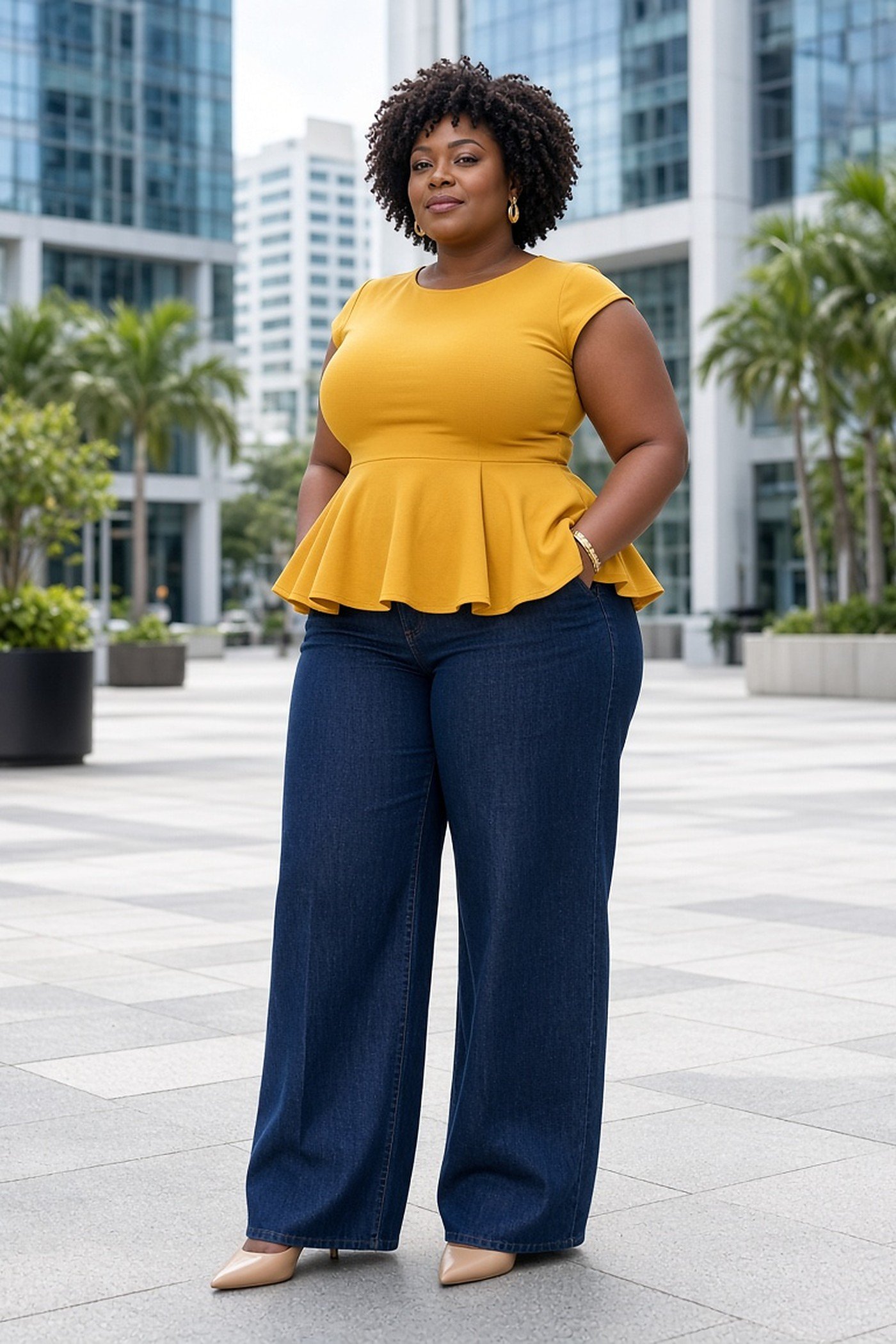 Plus-size woman in a mustard peplum top and wide-leg jeans