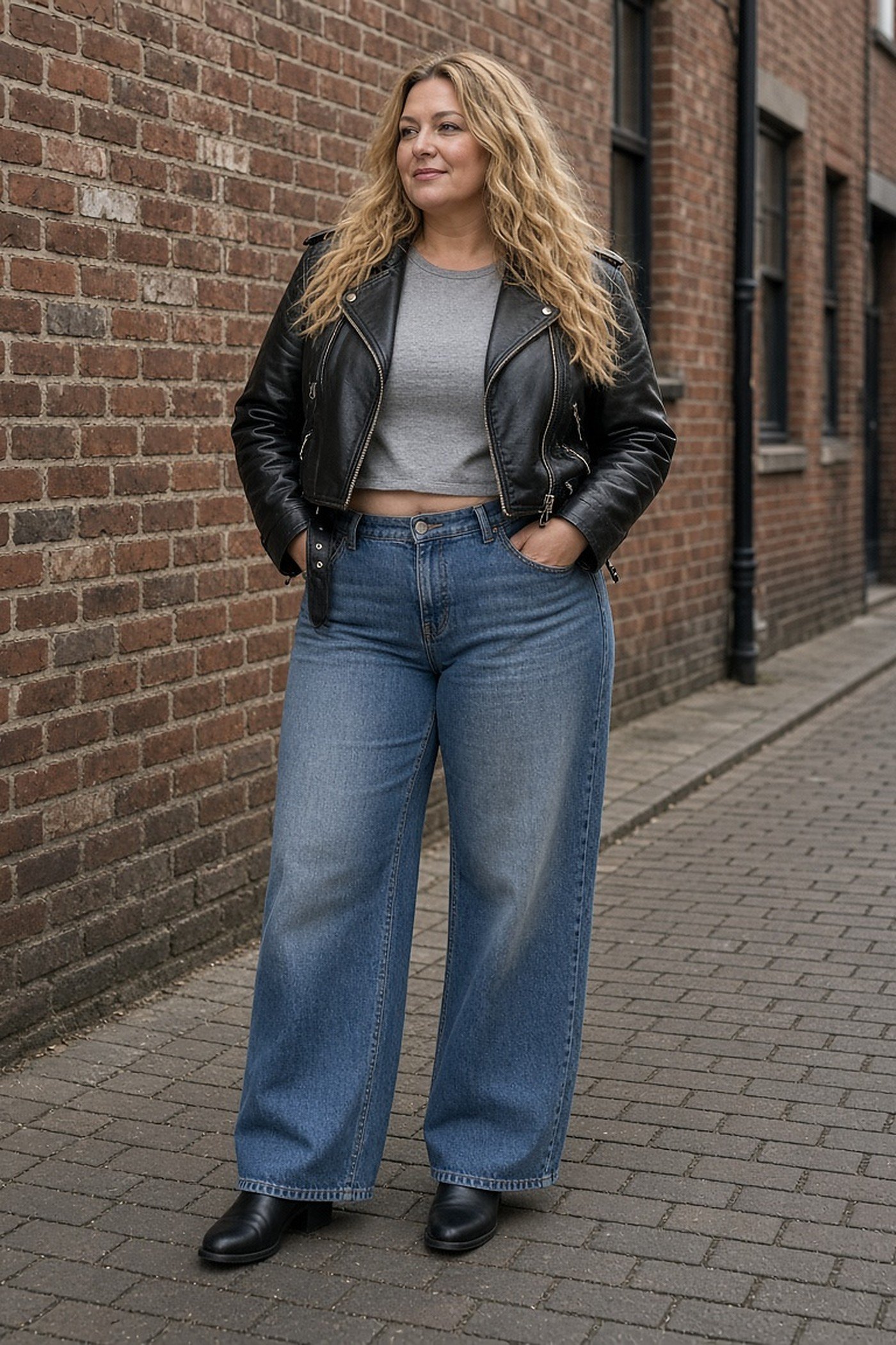 Curvy woman in a cropped leather biker jacket and wide-leg jeans