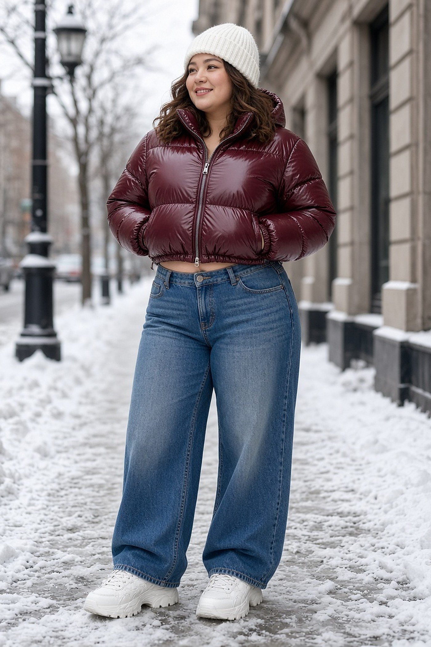 Curvy woman in a cropped burgundy puffer and wide-leg jeans in snow