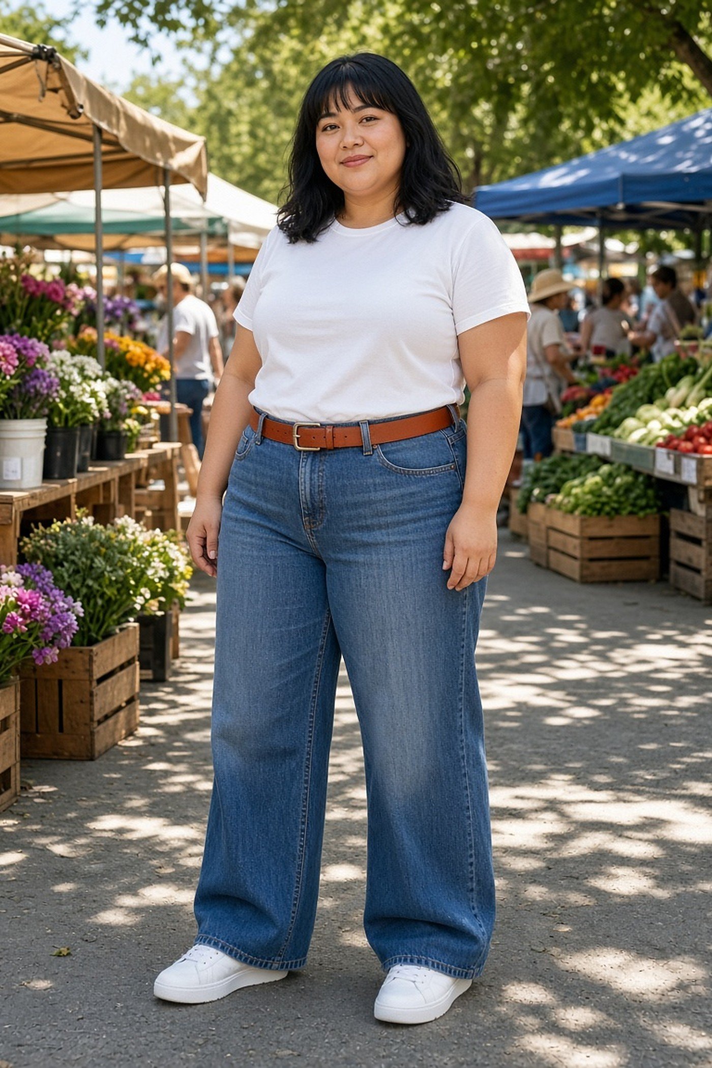 Plus-size woman in a tucked white tee, belt and wide-leg jeans