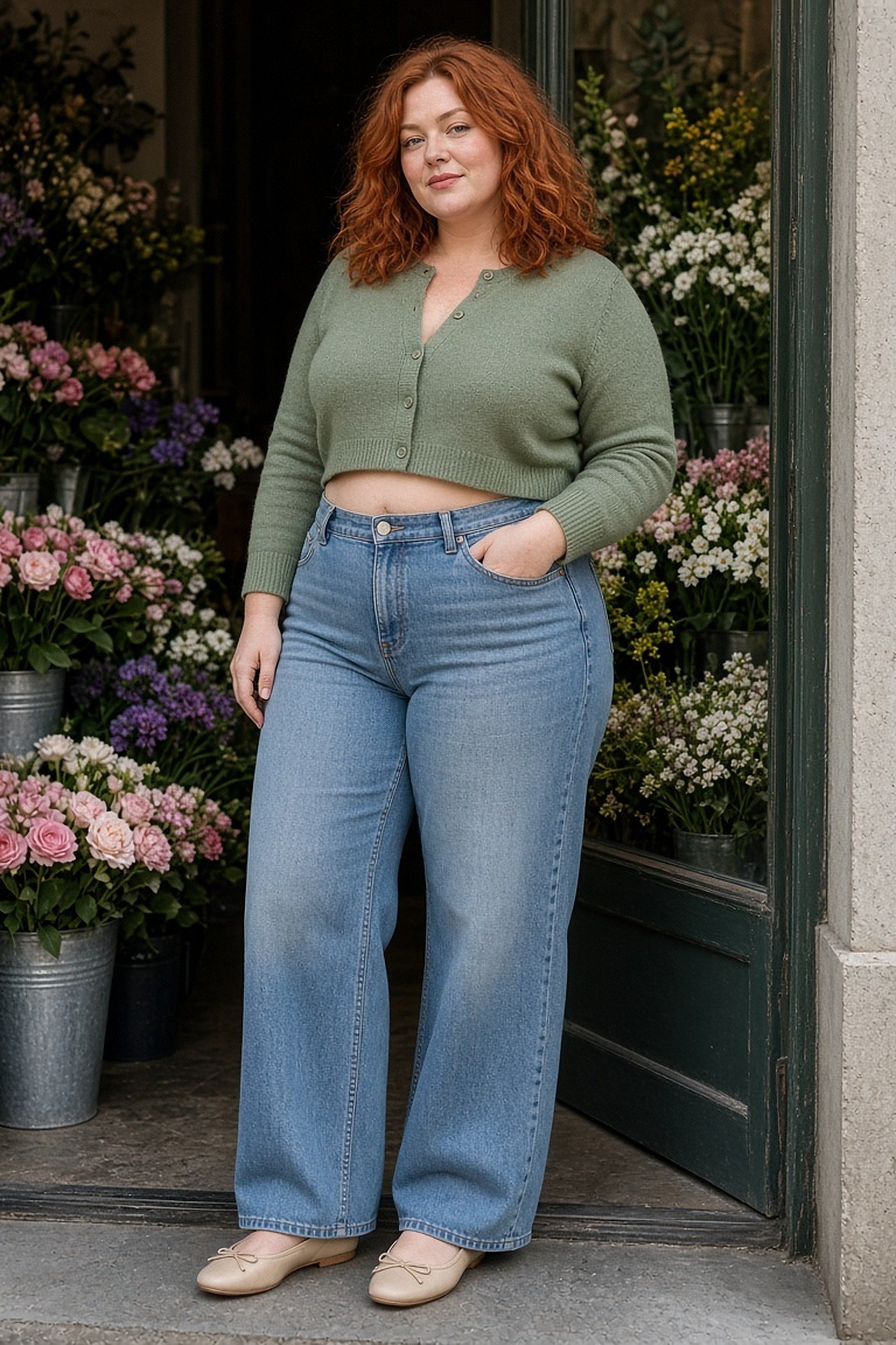 Curvy woman in a cropped sage cardigan and high-rise wide-leg jeans