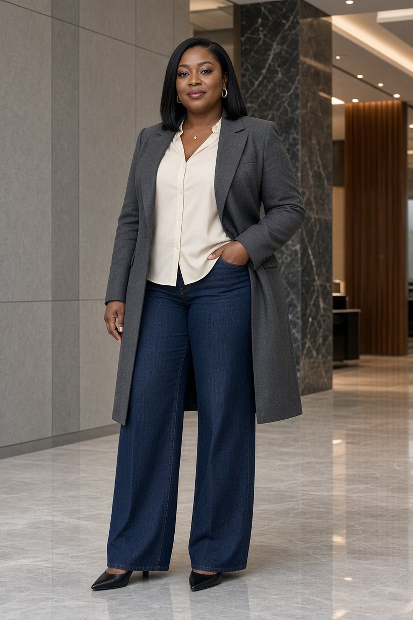 Plus-size woman in a long gray blazer and dark wide-leg jeans for the office