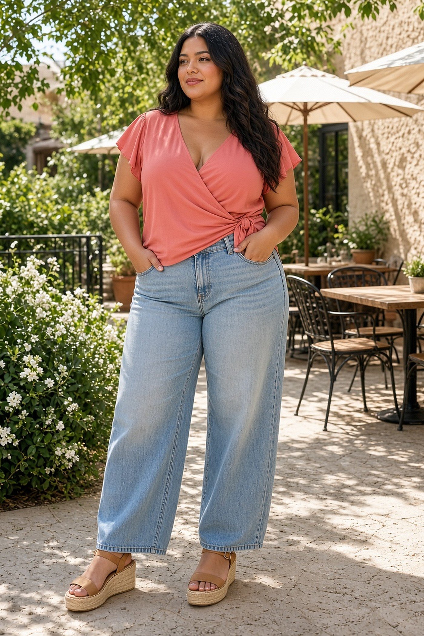 Curvy woman in a coral wrap top, wide-leg jeans and wedges