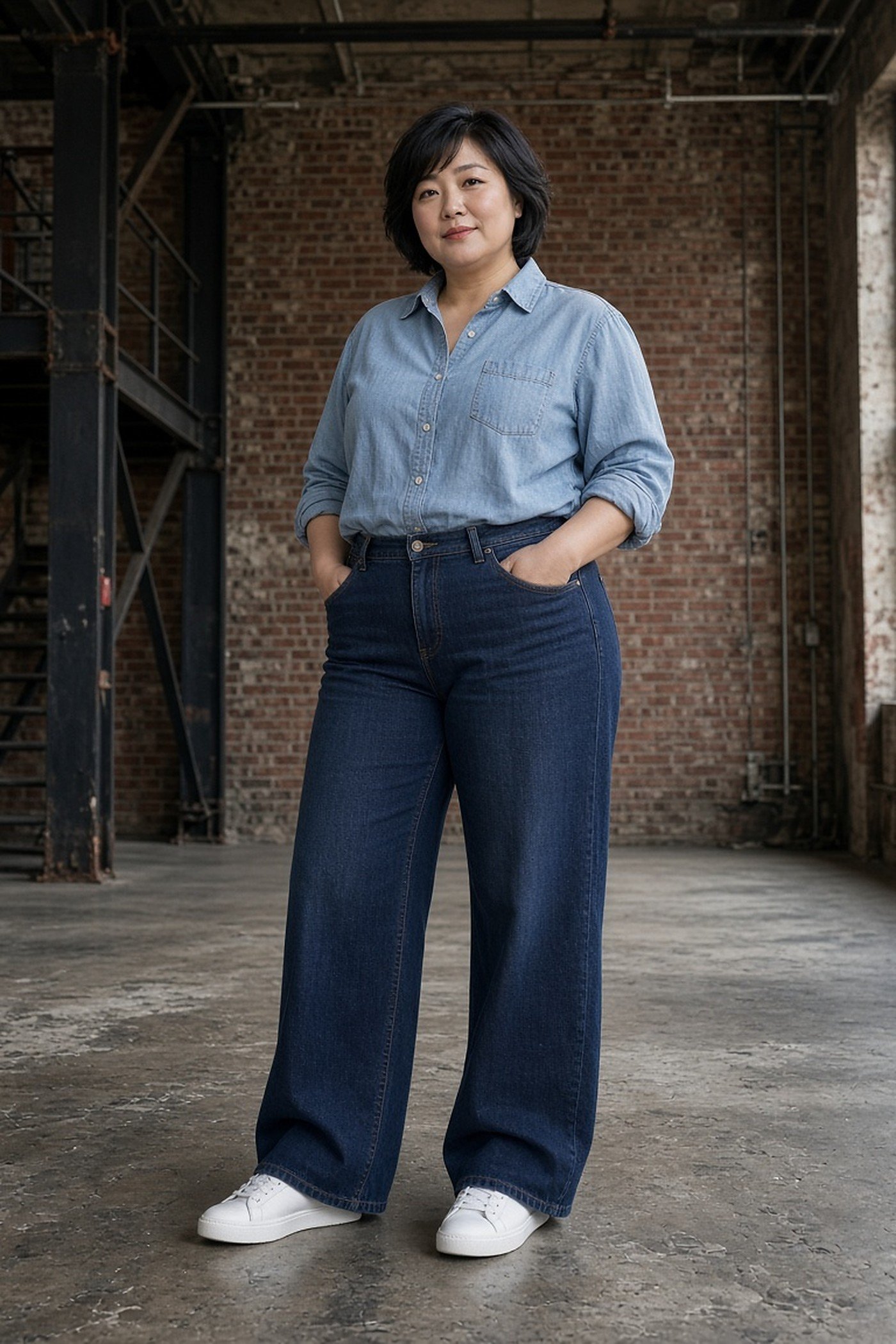 Plus-size woman in a chambray shirt and dark wide-leg jeans