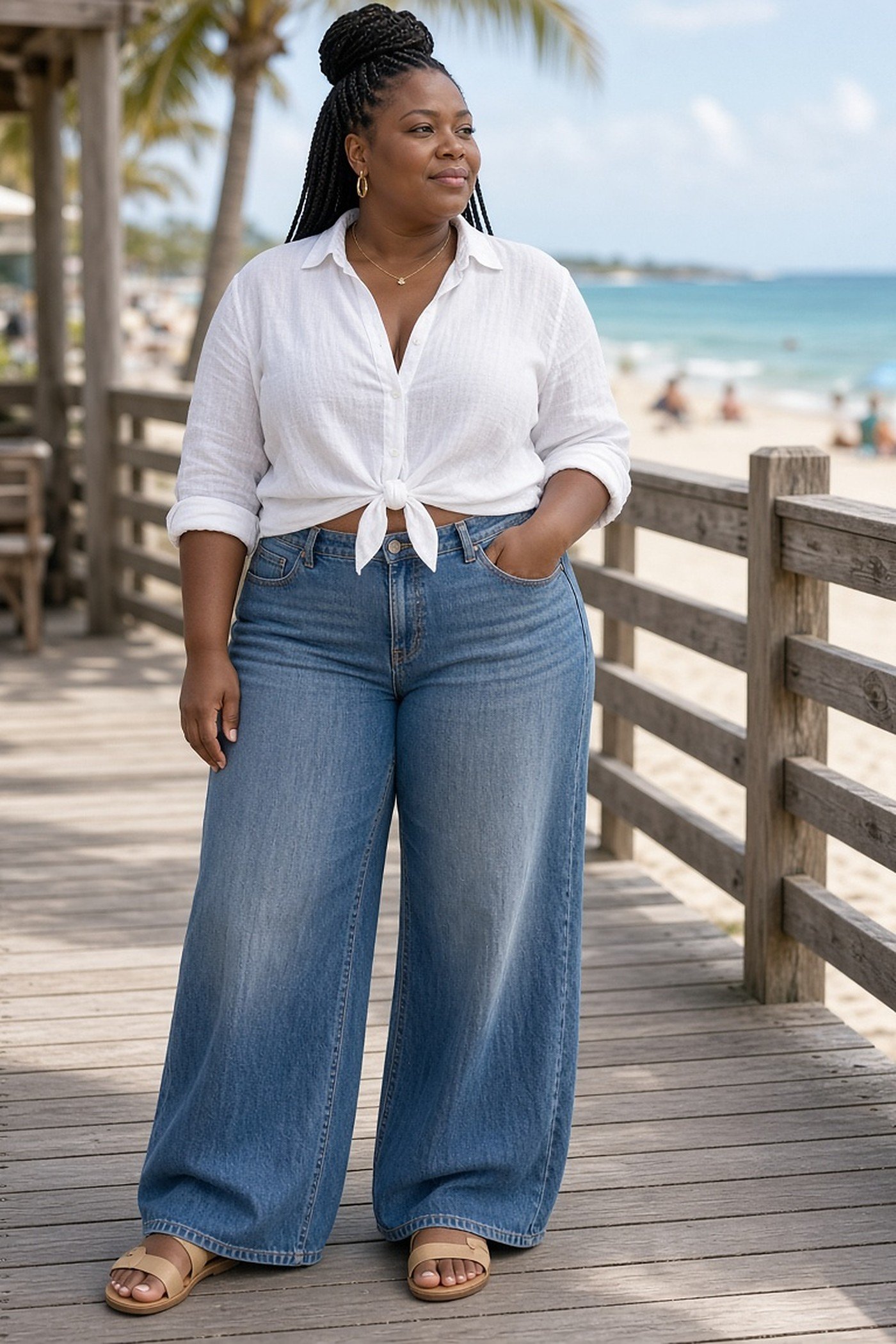 Curvy woman in a knotted white linen shirt and wide-leg jeans