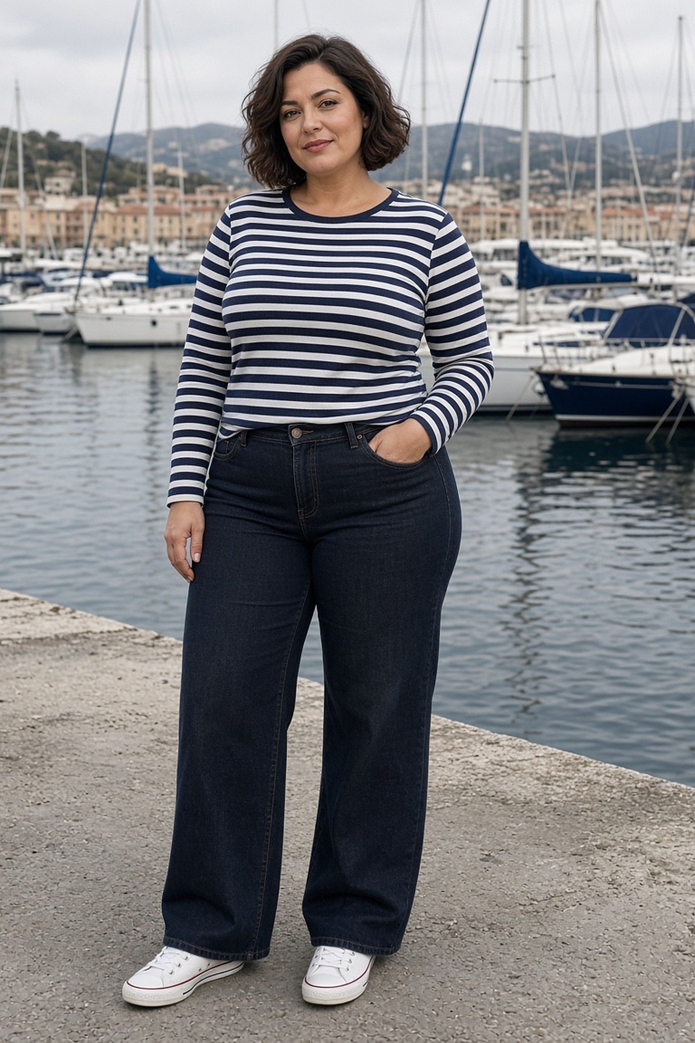 Plus-size woman in a Breton striped top, wide-leg jeans and sneakers