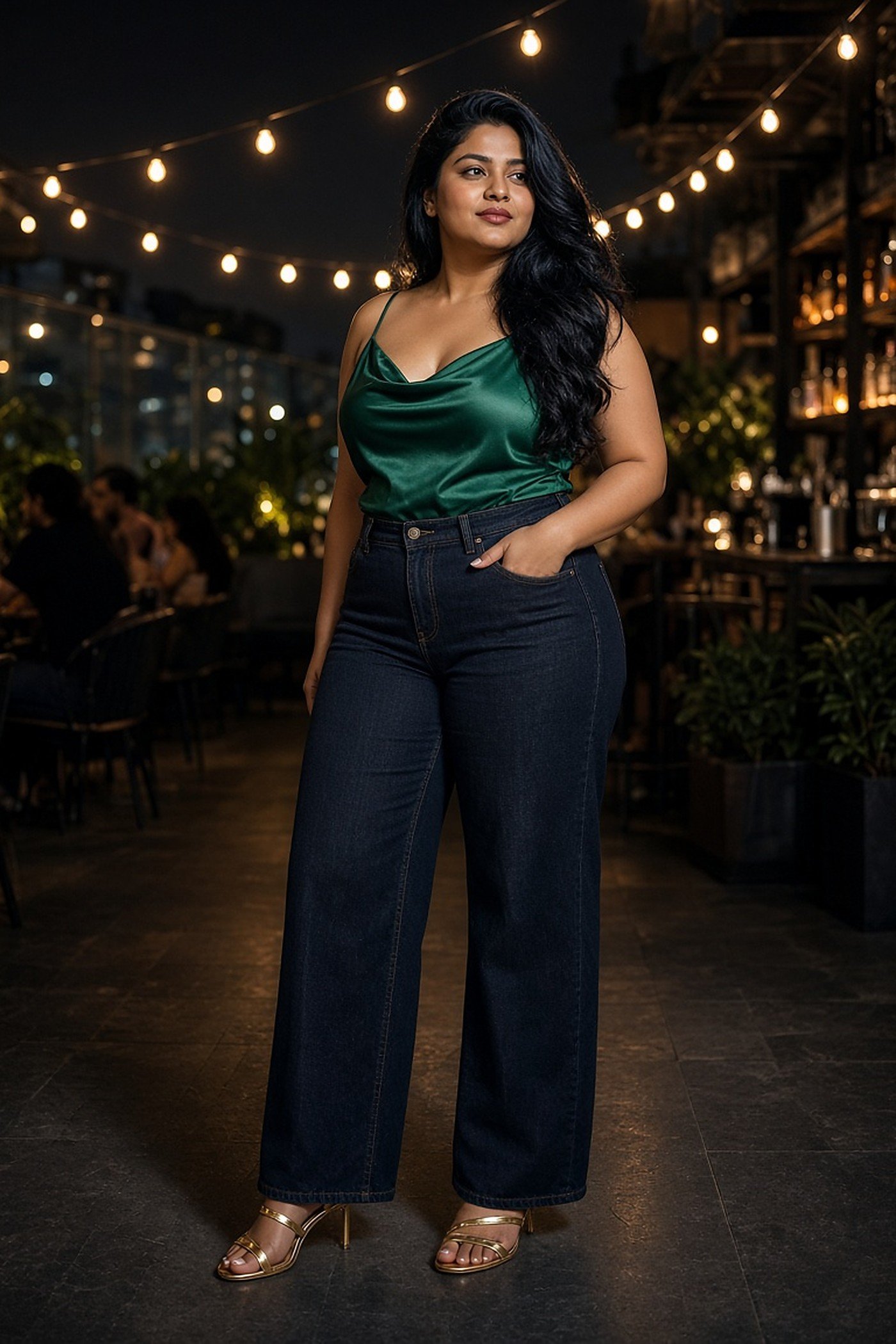 Curvy woman in an emerald satin cami, wide-leg jeans and gold heels