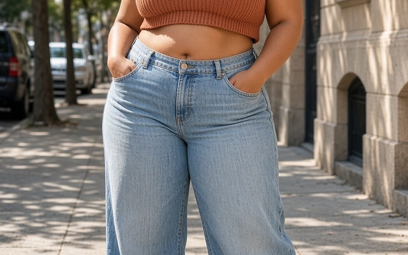 Curvy woman in light-wash wide-leg jeans and a cropped terracotta knit