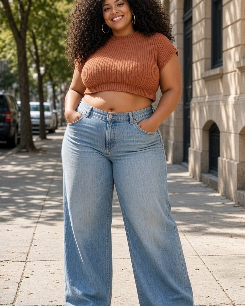 Curvy woman in light-wash wide-leg jeans and a cropped terracotta knit