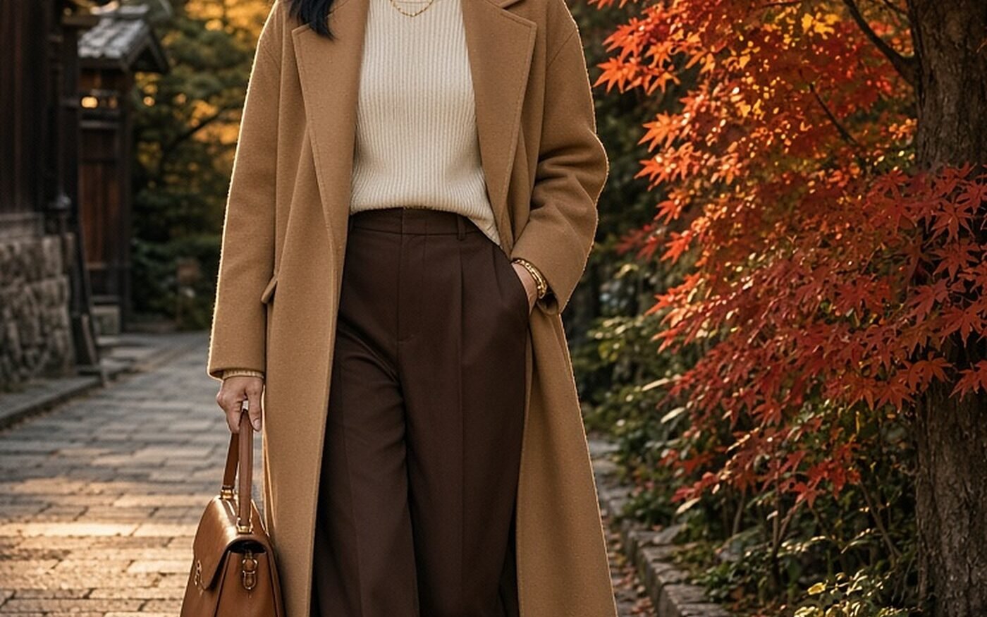 East Asian woman in her 50s in a long caramel coat, cream knit and chocolate trousers on a maple-lined street