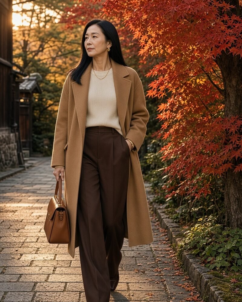East Asian woman in her 50s in a long caramel coat, cream knit and chocolate trousers on a maple-lined street