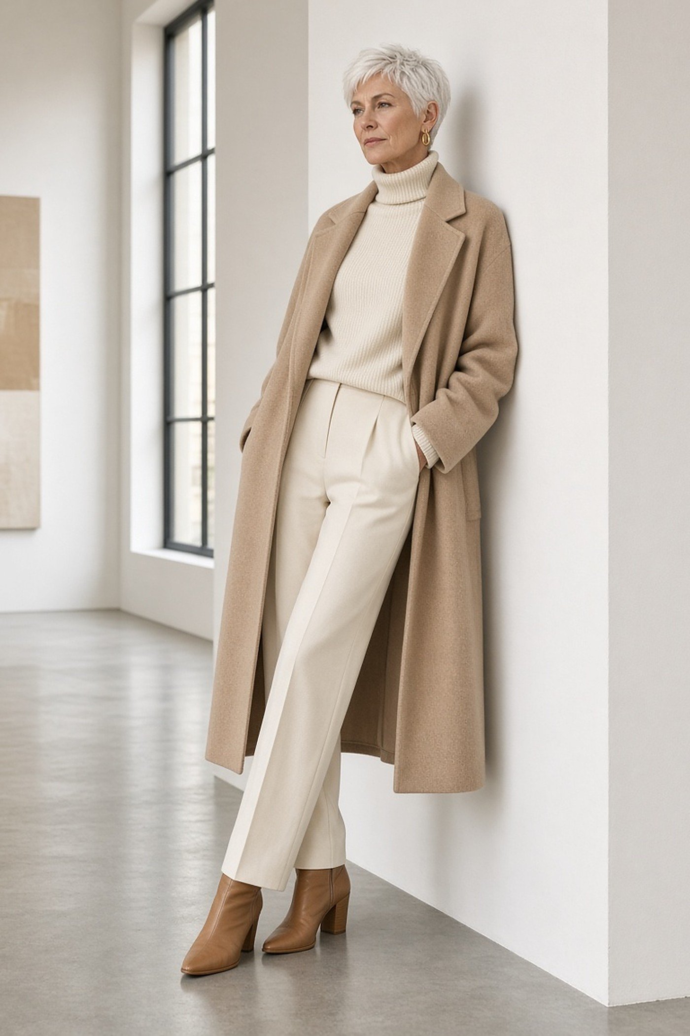 Woman over 50 with a platinum pixie cut in a sand camel coat, cream turtleneck and trousers in a gallery