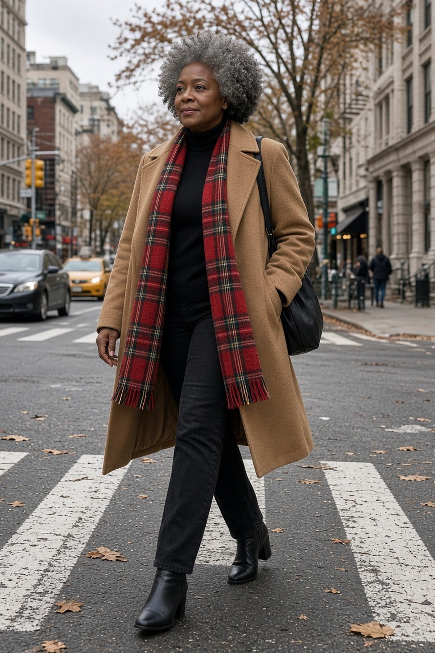 Black woman over 50 with a gray afro in a toffee camel coat, black jeans, boots and red plaid scarf on a crosswalk