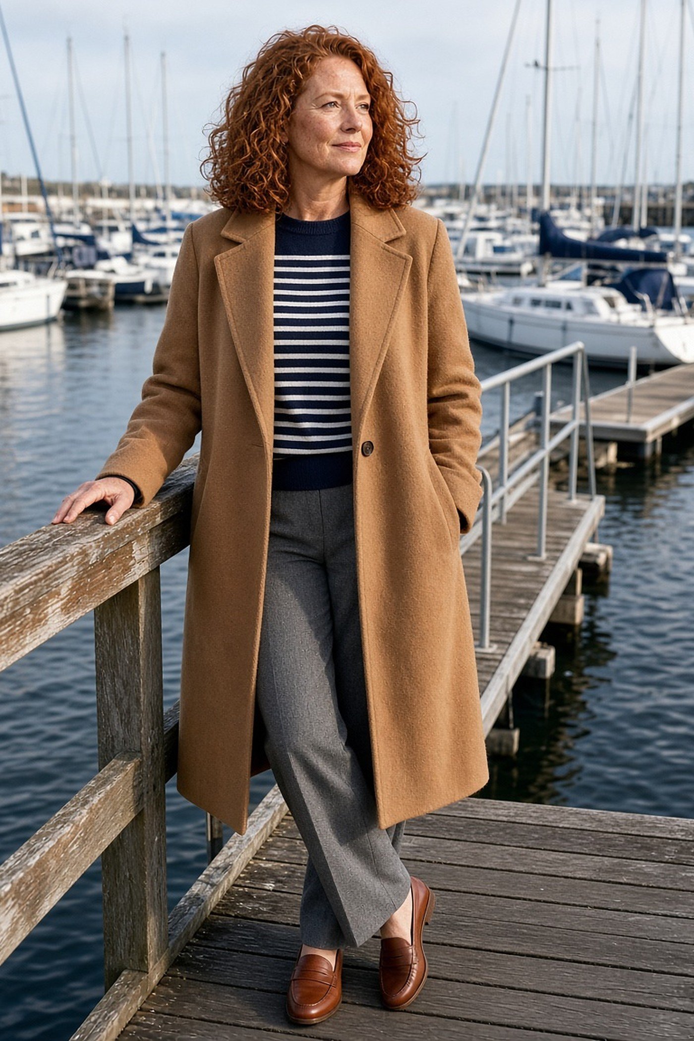 Red-haired woman over 50 in a honey camel coat, navy striped sweater and gray trousers at a marina