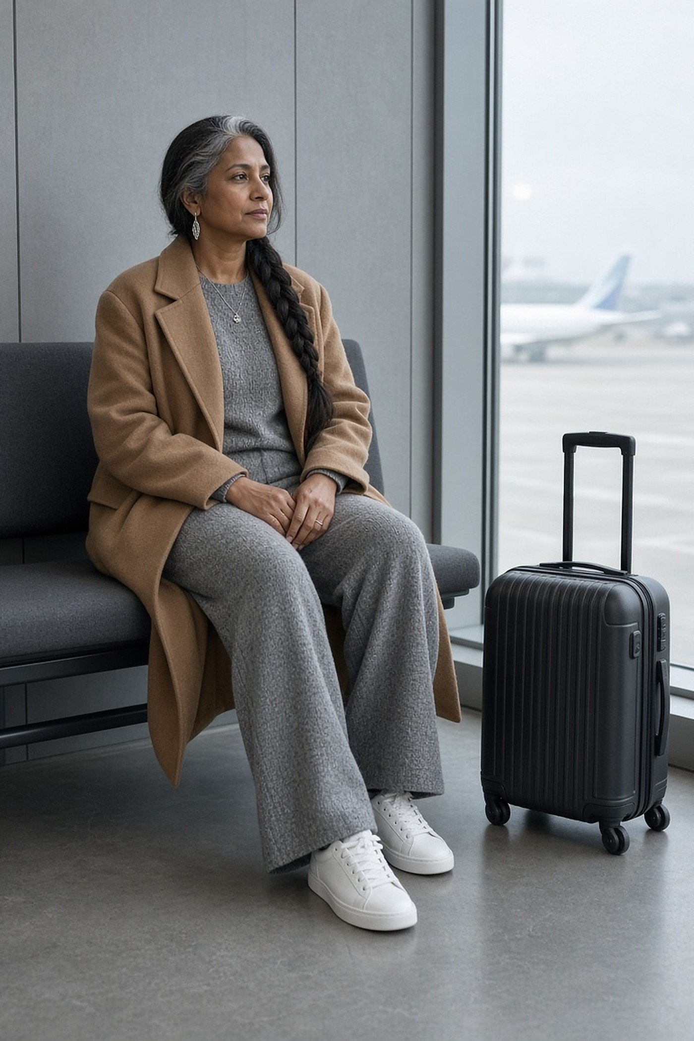 South Asian woman over 50 in a tan camel coat and gray knit set with white sneakers at an airport