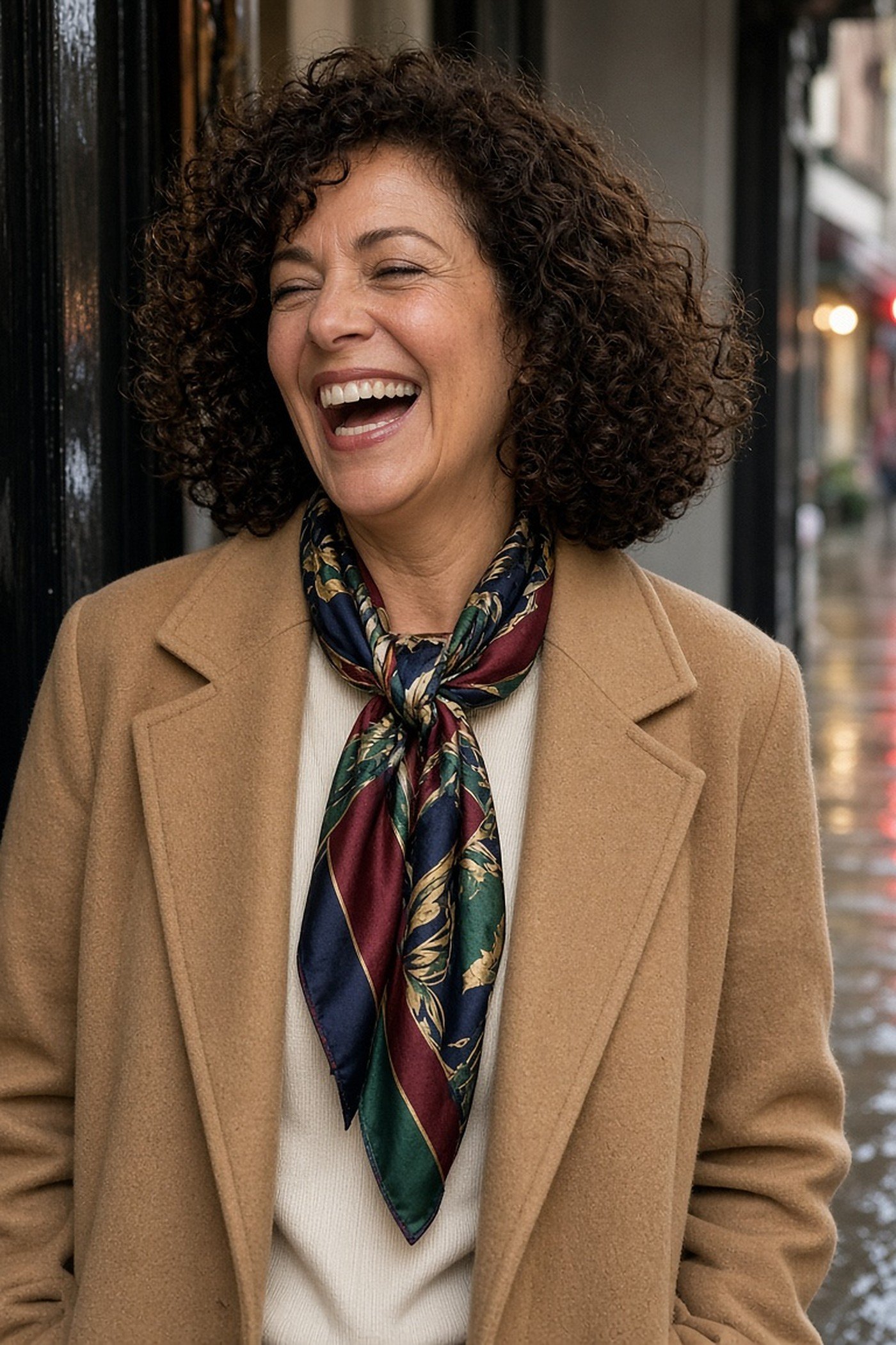 Laughing curly-haired woman over 50 in a camel coat with an emerald, burgundy and navy silk scarf