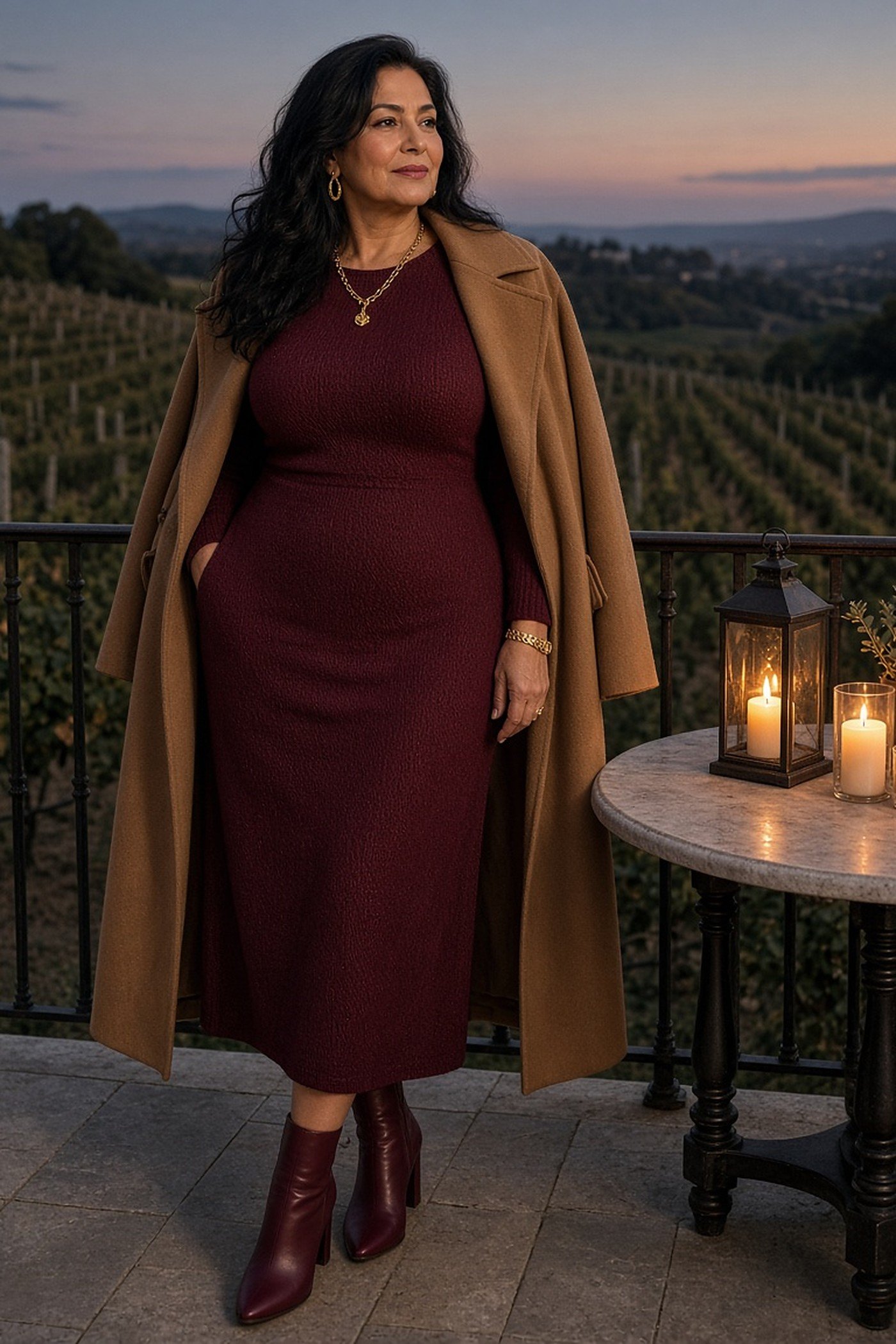 Woman over 50 in a toffee camel coat over a burgundy knit dress and burgundy boots on a vineyard terrace