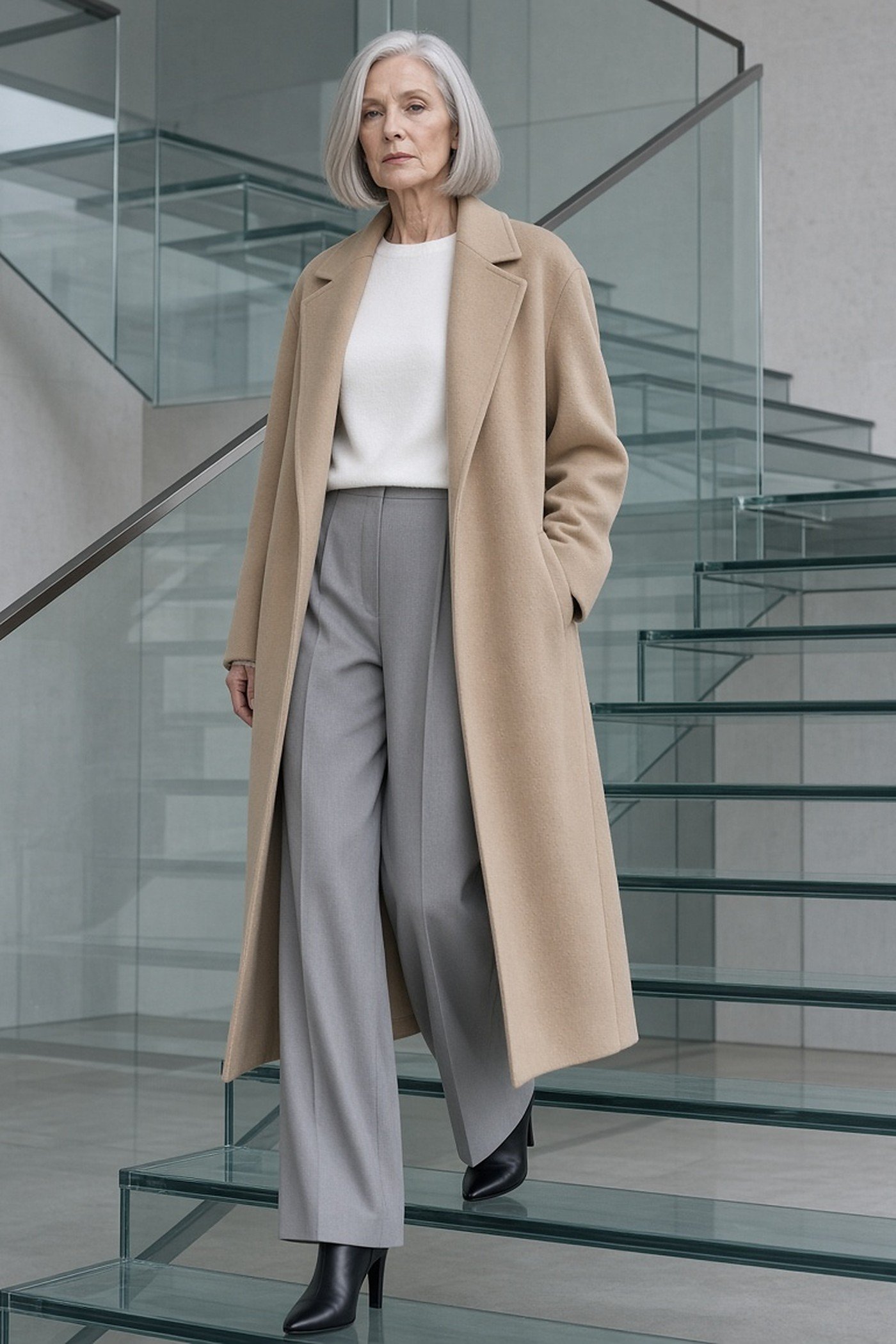 Woman over 50 with a silver bob in a sand camel coat and gray wide-leg trousers on a glass staircase