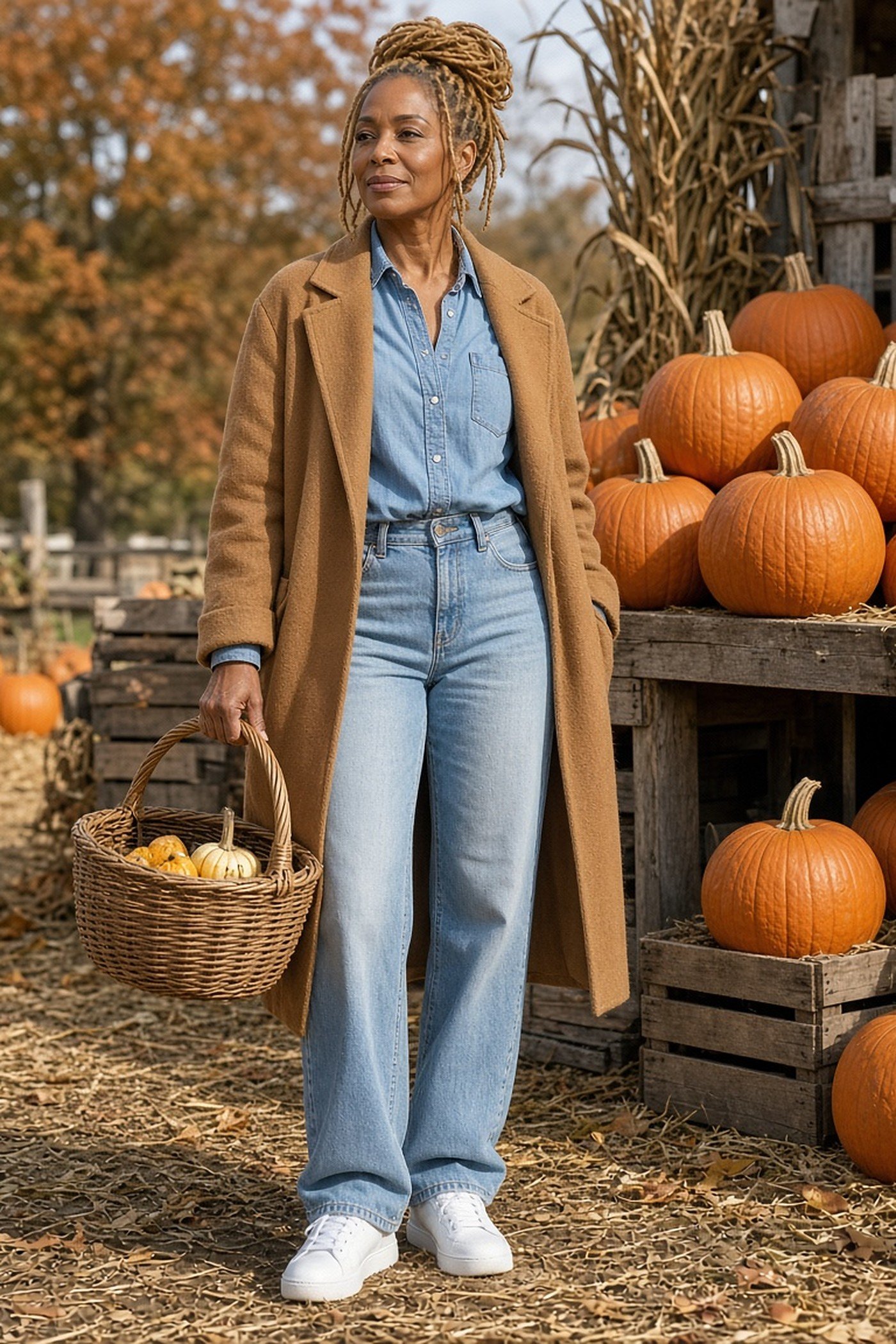 Woman over 50 with blonde locs in a camel coat, chambray shirt, jeans and white sneakers at a pumpkin patch