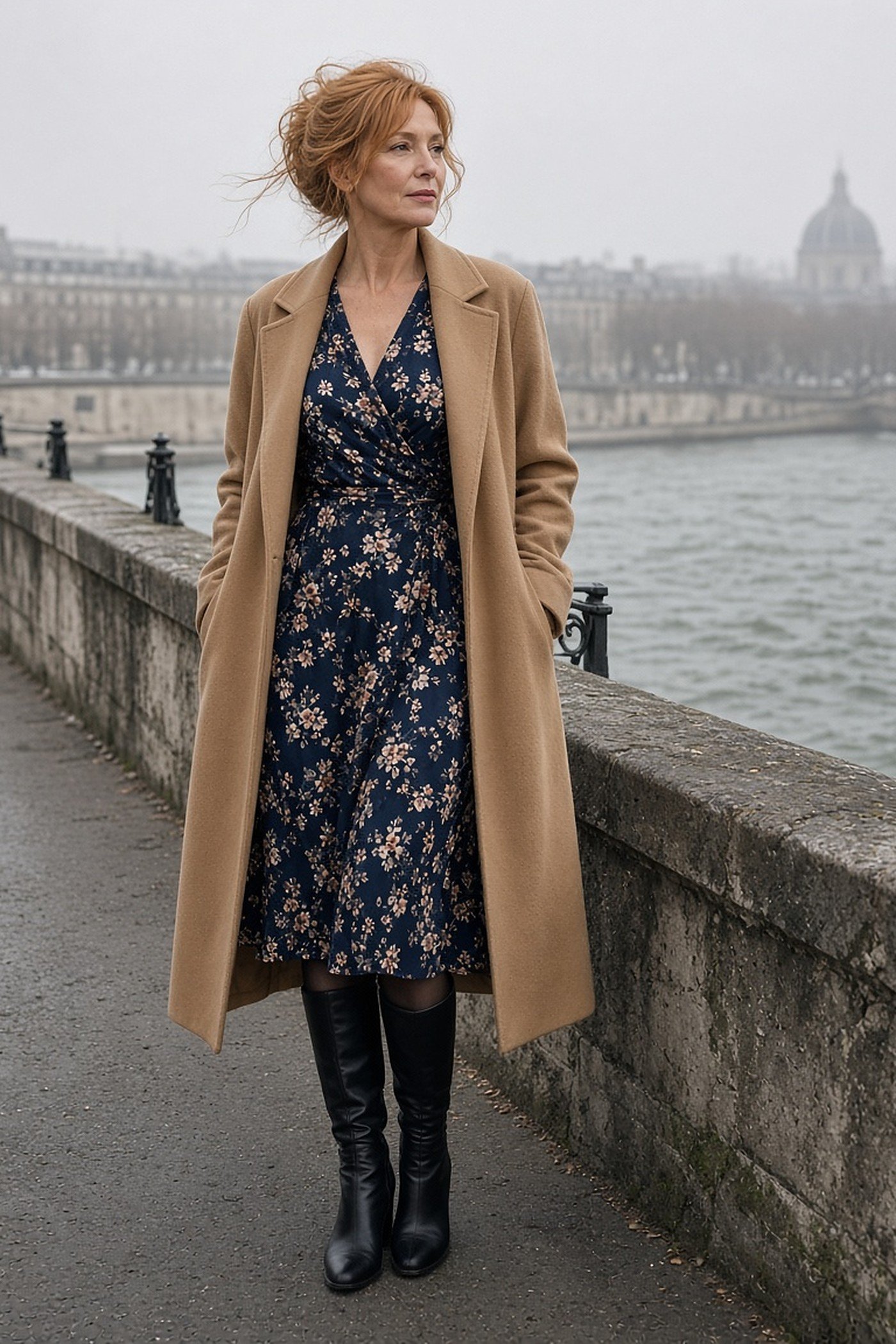 Strawberry-blonde woman over 50 in a camel coat over a navy floral midi dress and knee boots by the Seine