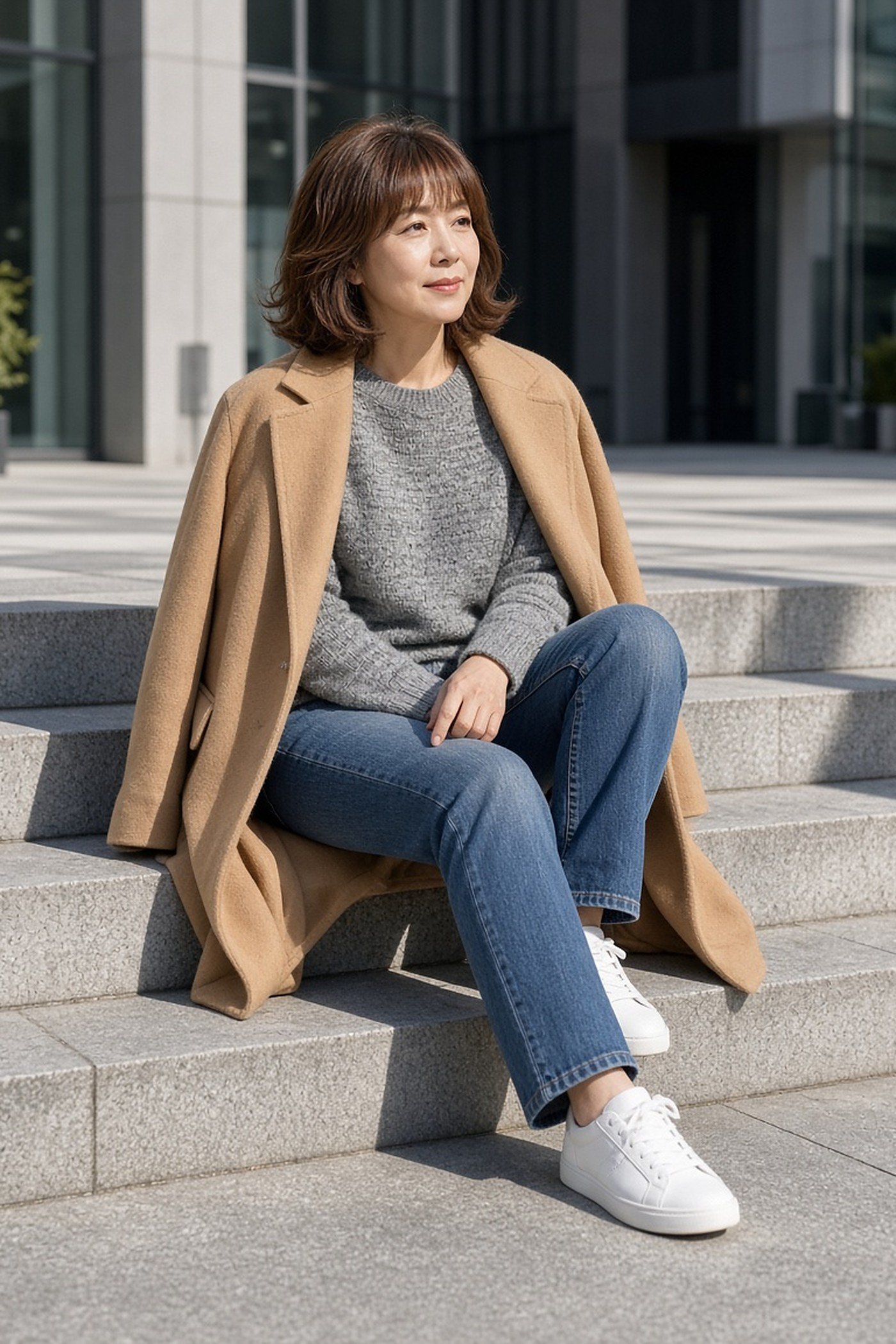 Korean woman over 50 in a caramel camel coat, gray sweater, jeans and white sneakers sitting on steps