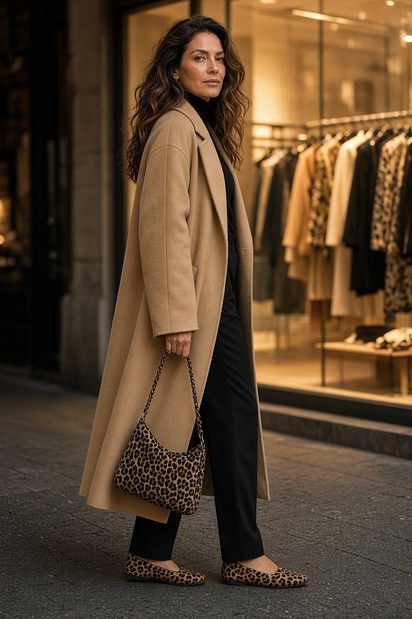 Brunette woman over 50 in a sand camel coat with leopard print bag and flats by a boutique window