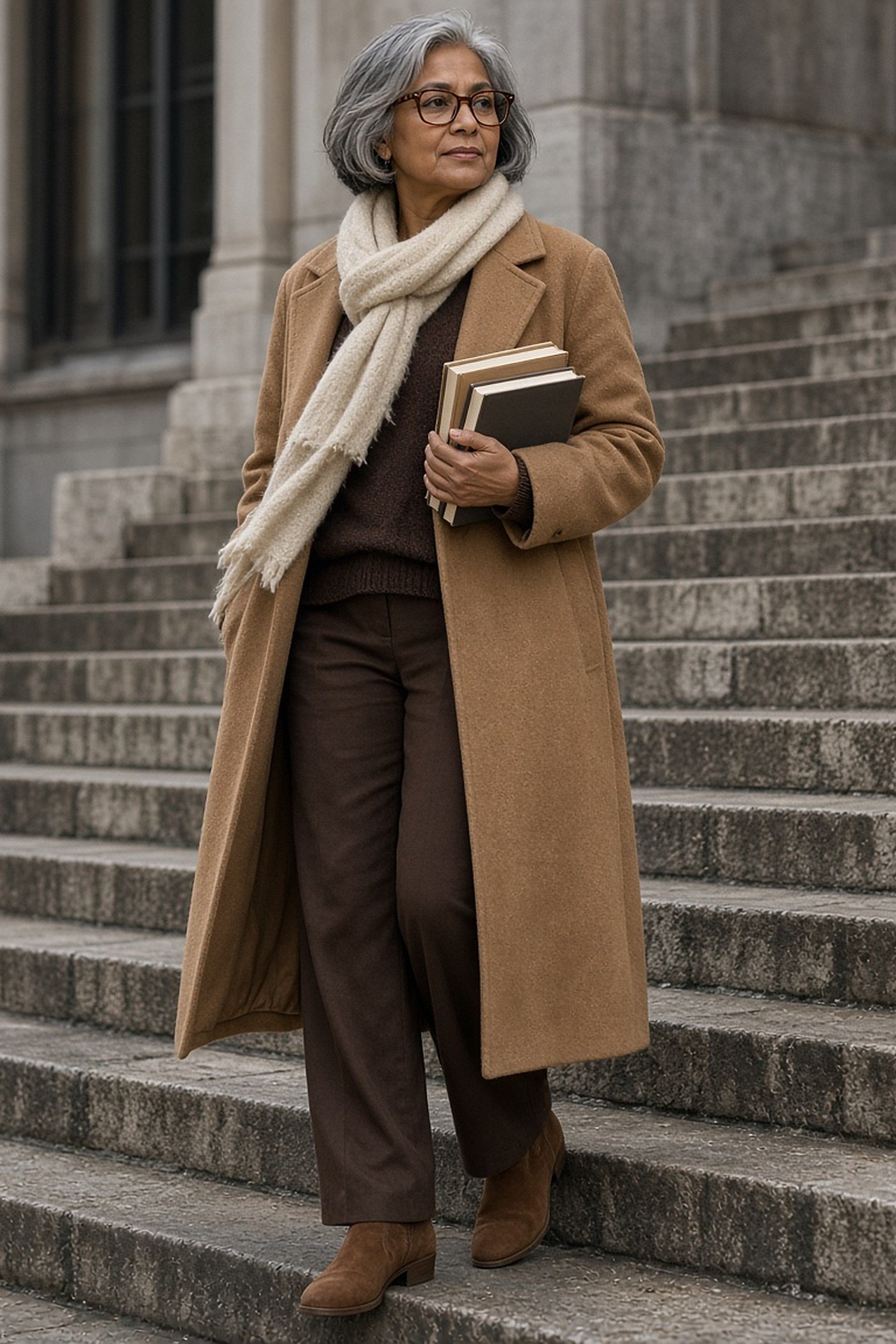 Indian woman over 50 with glasses in a camel coat over chocolate brown knit and trousers with a cream scarf