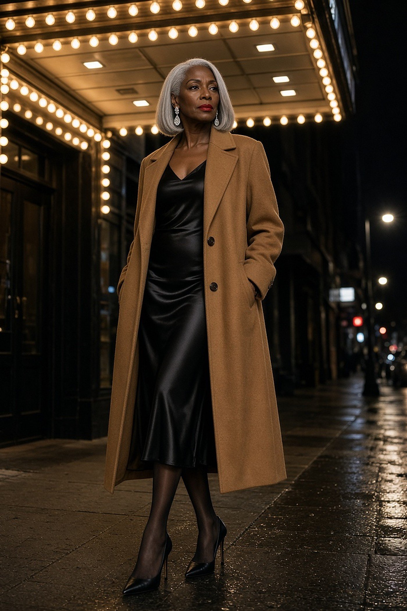 Black woman over 50 with a silver bob in a camel coat over a black satin dress under theater lights