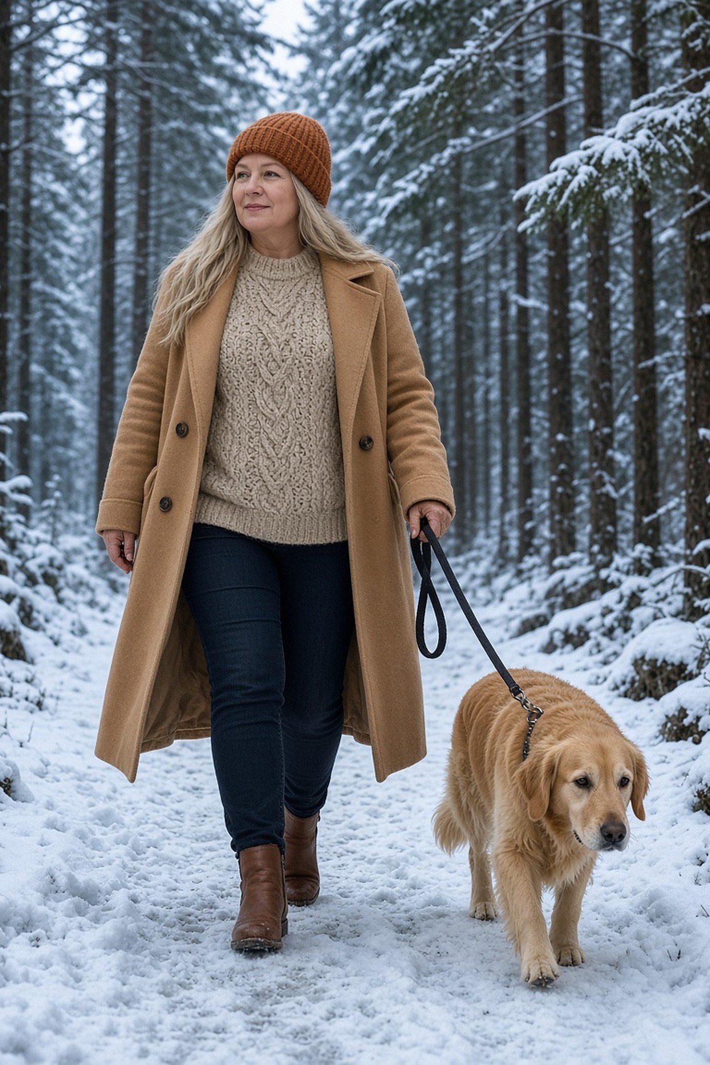 Blonde woman over 50 in a rust beanie, camel coat and cable knit walking a dog on a snowy trail