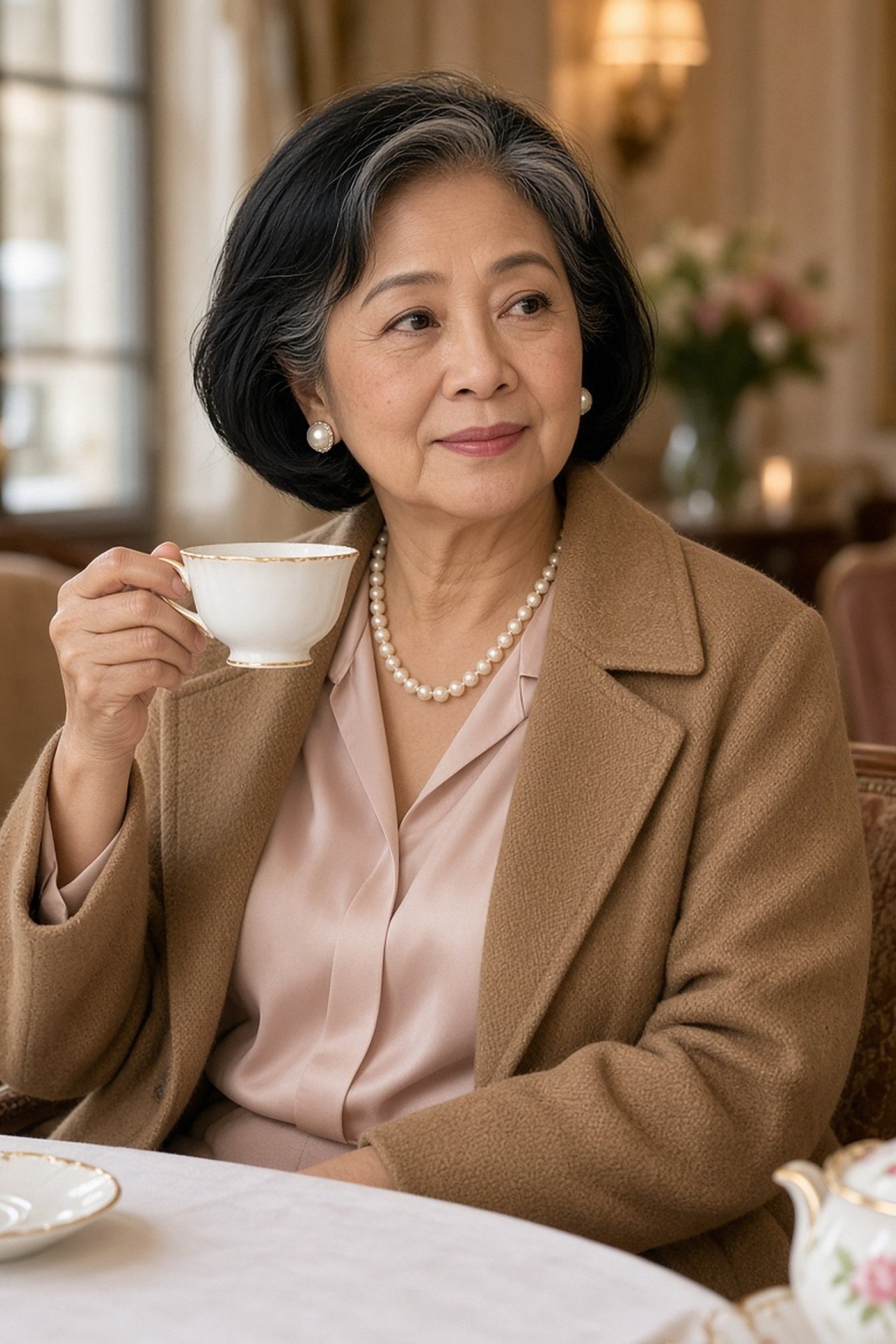 Filipina woman over 60 in a camel coat, pink silk blouse and pearls holding a teacup